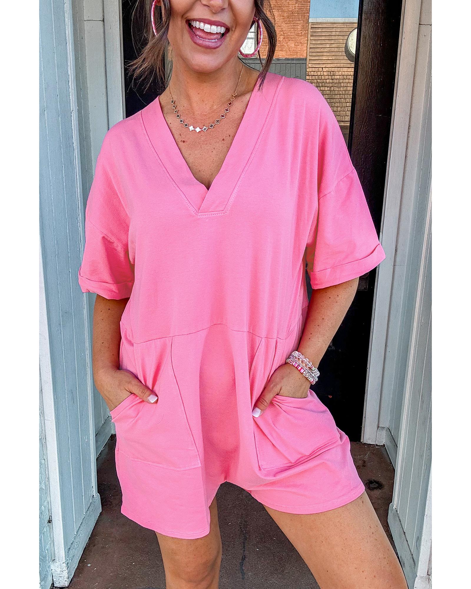 V539-AZEXDC6413679-P3010-M-202508290220-00 Bonbon Loose Half Sleeve V Neck Knit Romper - M - Image 1