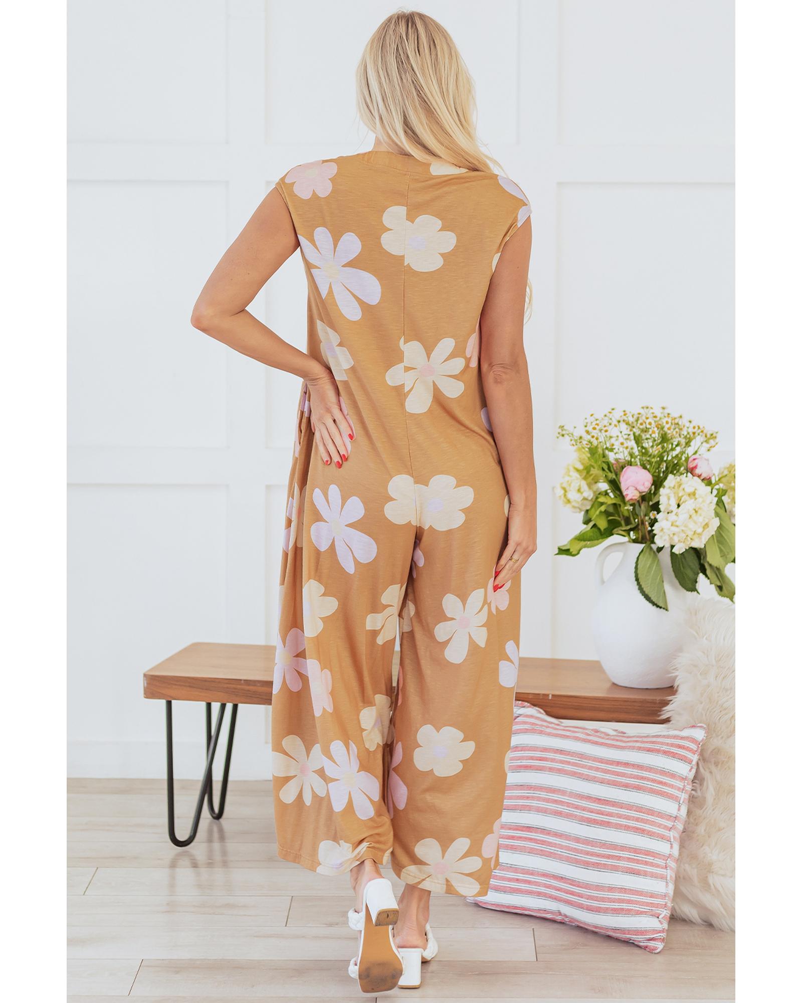V539-AZEXDC6413803-P1620-M-202508281940-00 Khaki Floral Print Sleeveless Button up Wide Leg Loose Jumpsuit - M - Image 1