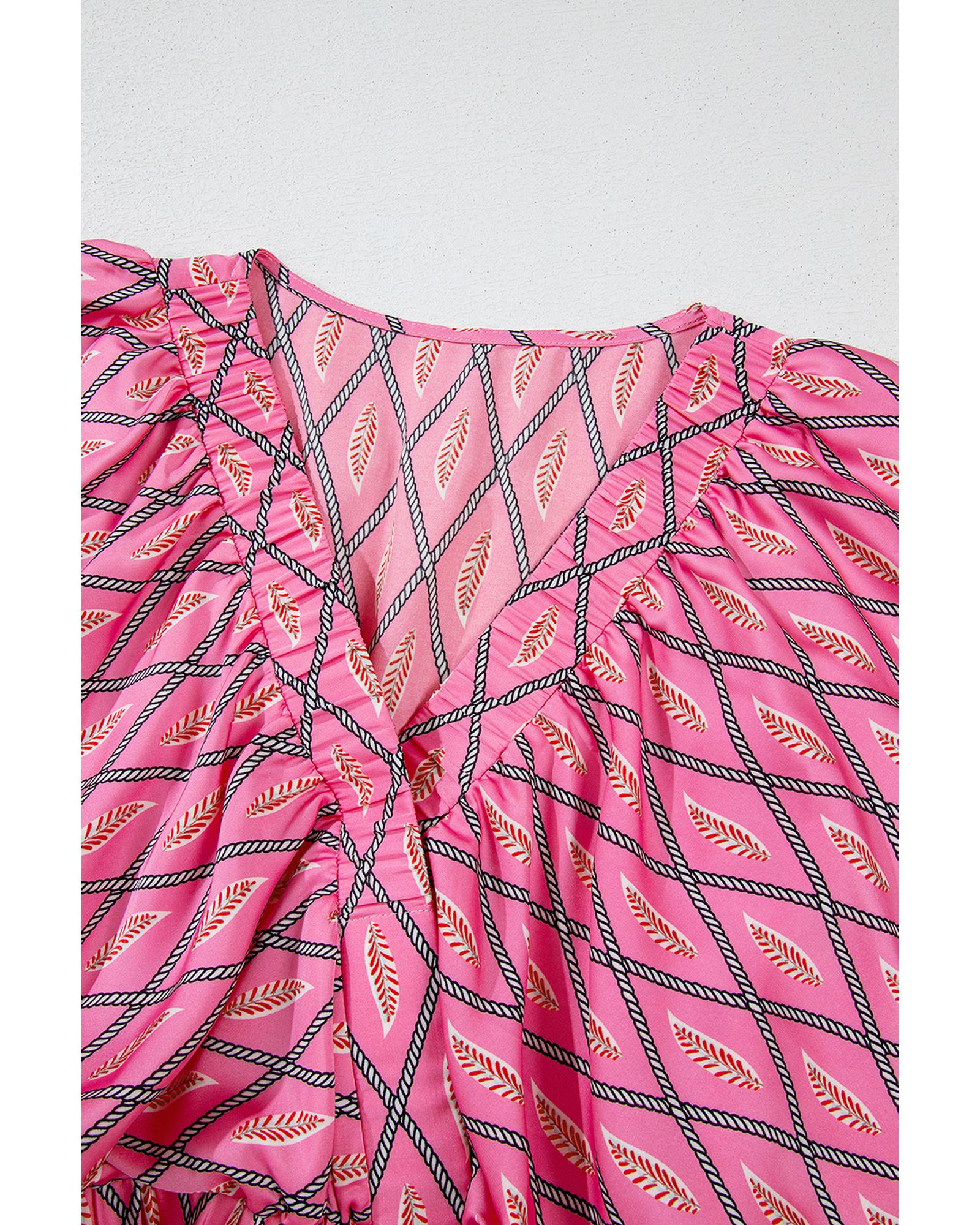 V539-AZEXDC6413823-P1020-L-202508291405-00 Pink Paisley Geometric Print V Neck High Waist Romper - L - Image 1
