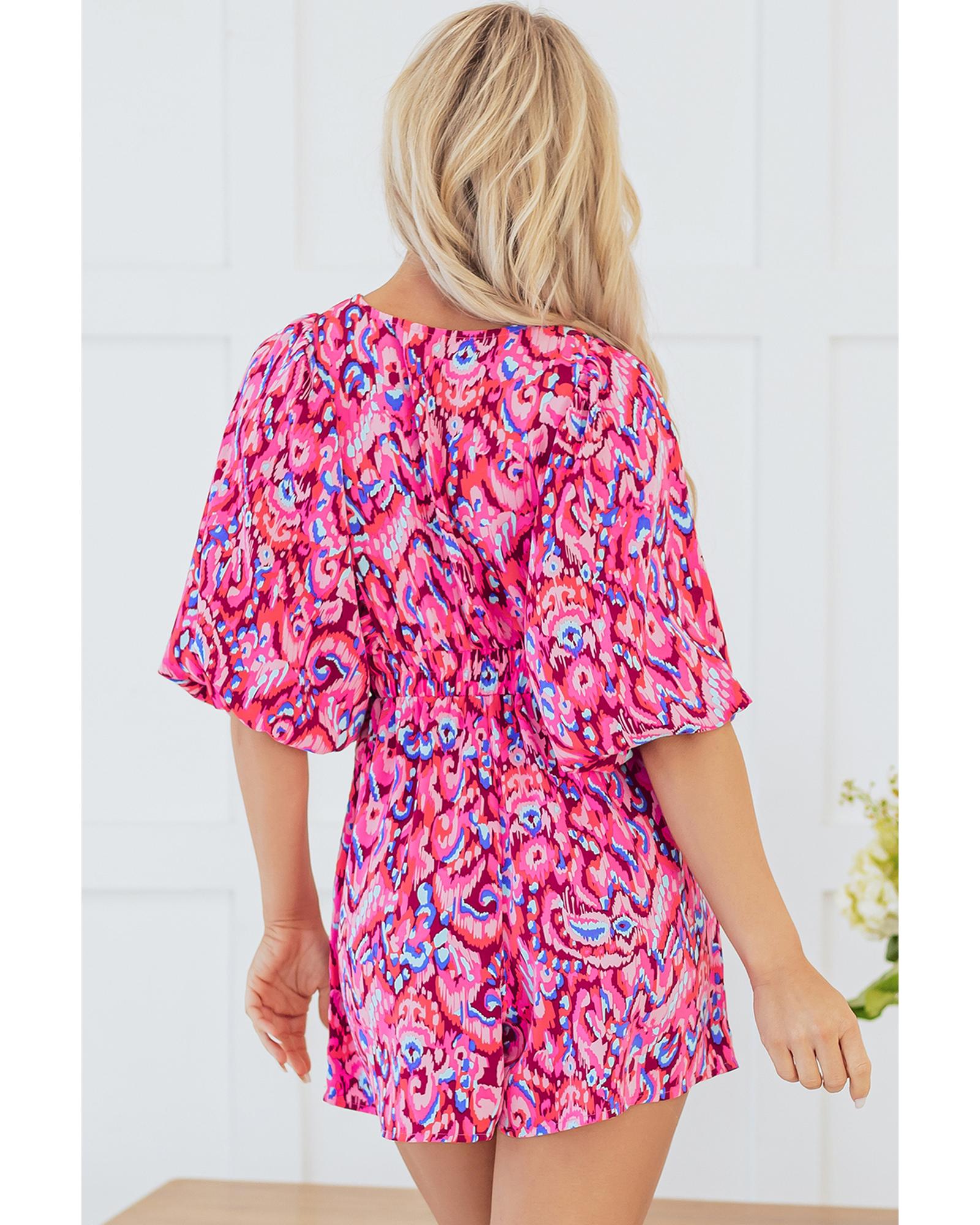 V539-AZEXDC6413824-P1020-S-202506150553-00 Pink Abstract Print Puff Sleeve V Neck High Waist Romper - S - Image 1