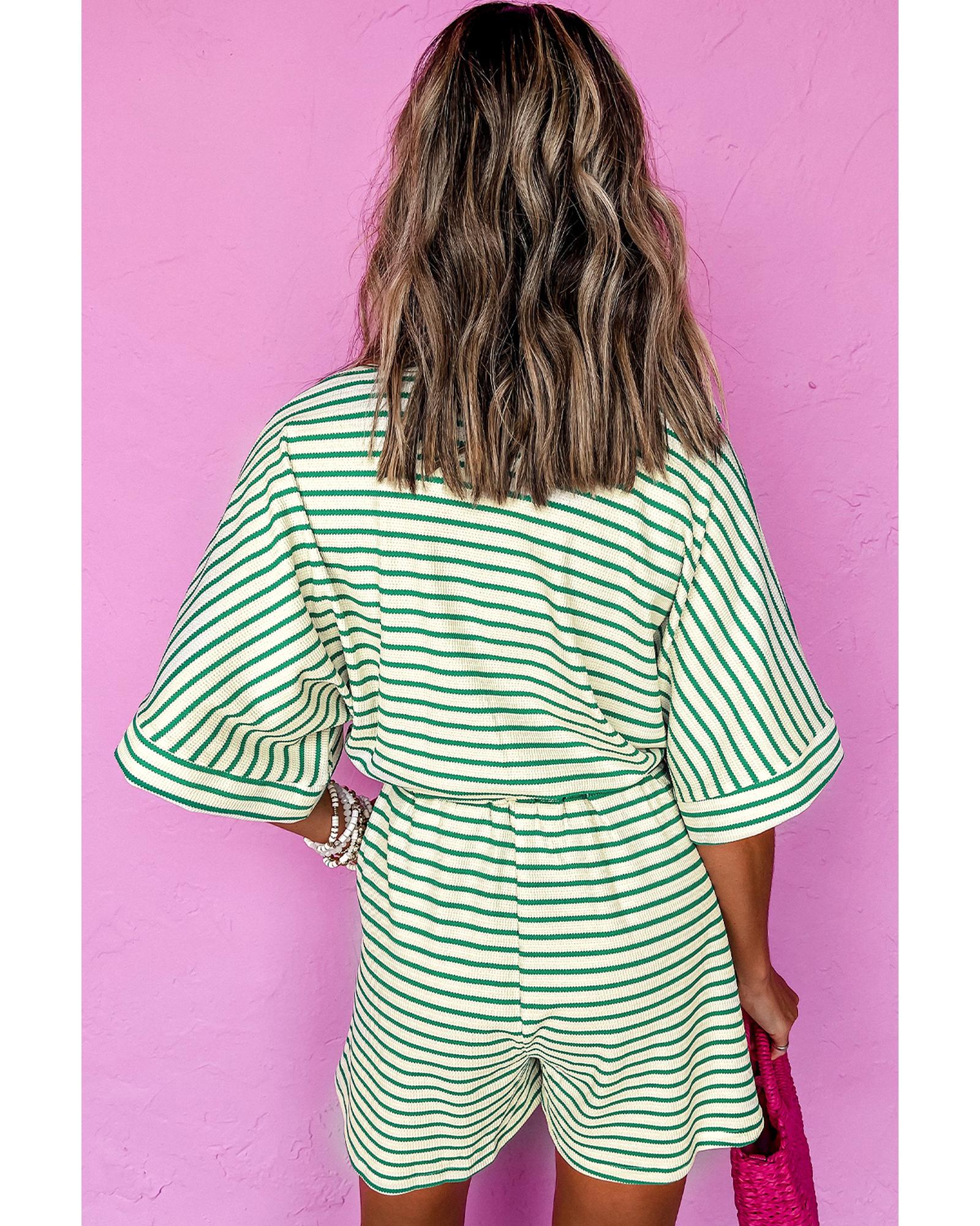 V539-AZEXDC6413847-P919-XL-202508302320-00 Green Stripe Textured Short Sleeve Collared Buttoned Waist Tie Romper - XL - Image 1
