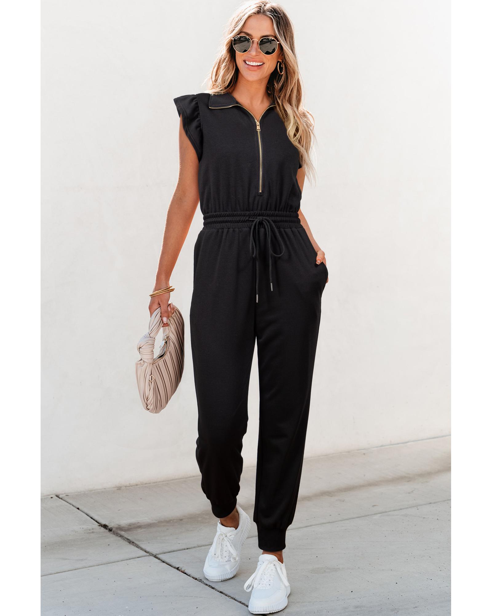 V539-AZEXDC6413873-P2-XL-202508300925-00 Black Zipper Flutter Sleeve Drawstring High Waist Jumpsuit - XL - Image 1