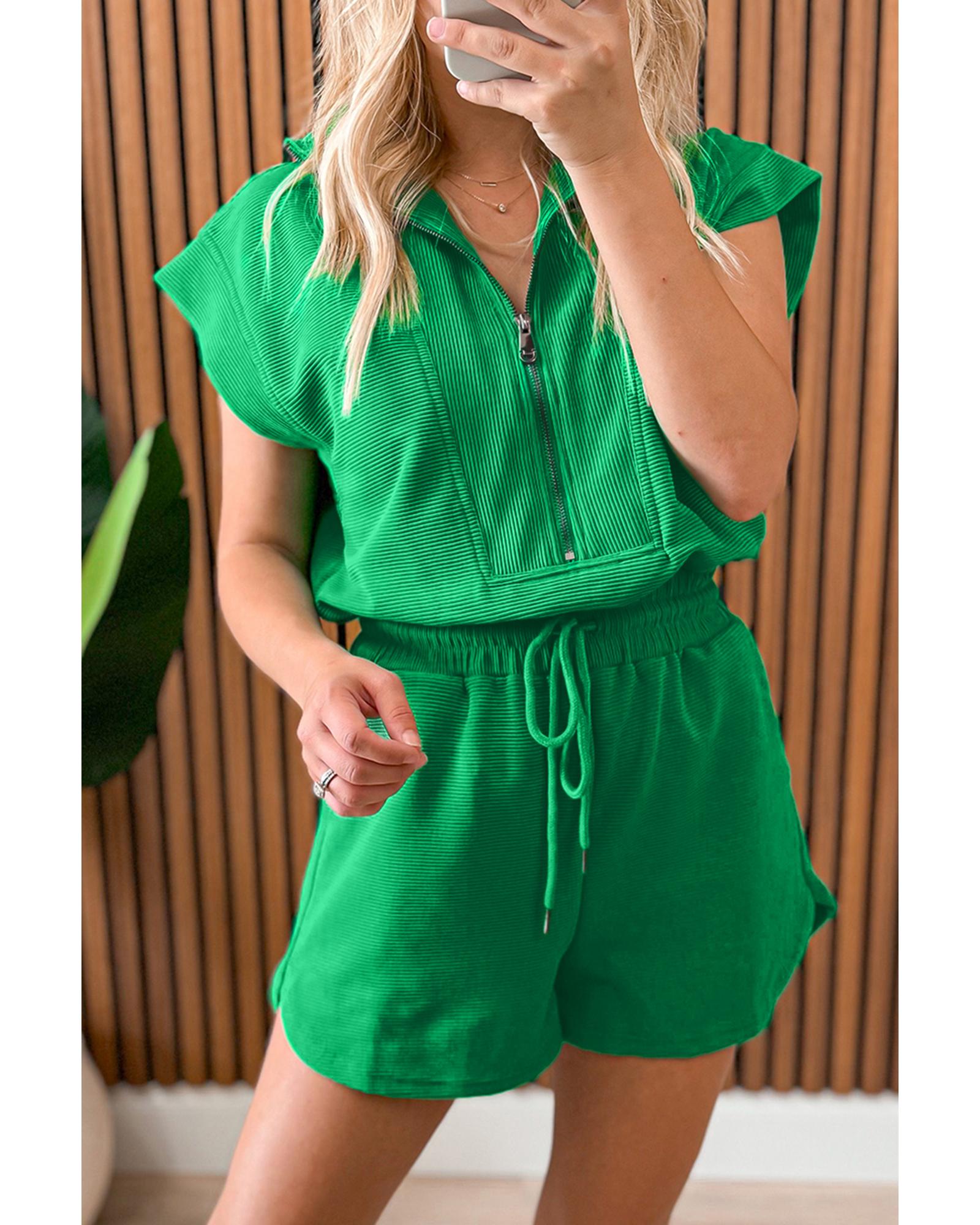 V539-AZEXDC6413894-P109-XL-202508301955-00 Bright Green Textured Short Sleeve Half Zip Drawstring Waist Romper - XL - Image 1