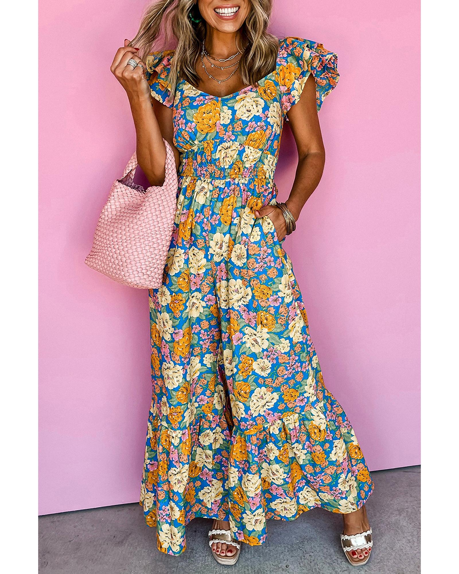 V539-AZEXDC6413950-P720-L-202508310140-00 Yellow Floral Allover Print Shirred Cut Out High Waist Jumpsuit - L - Image 1