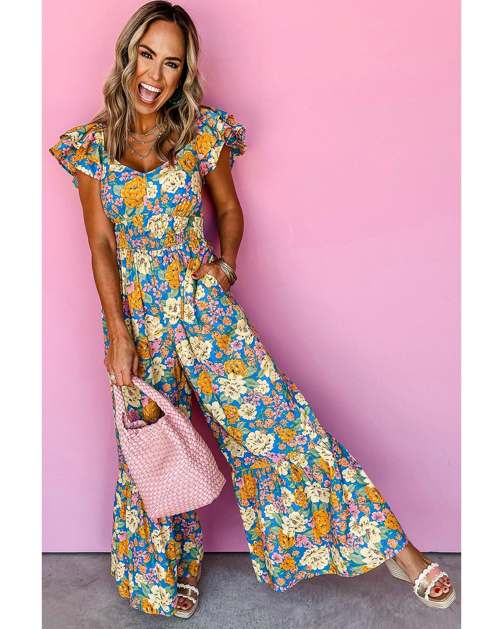 V539-AZEXDC6413950-P720-M-202508300745-00 Yellow Floral Allover Print Shirred Cut Out High Waist Jumpsuit - M - Image 1