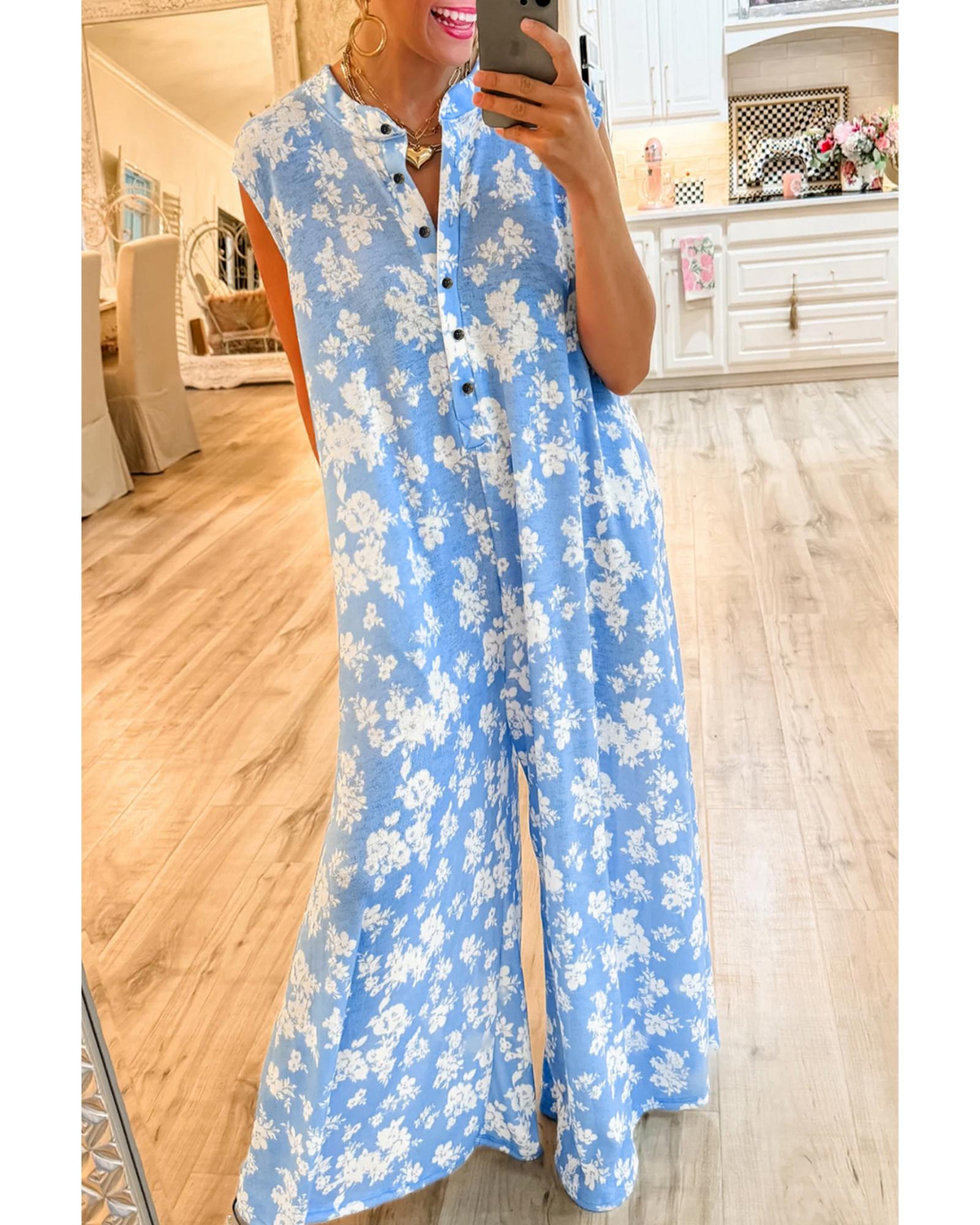 V539-AZEXDC6413956-P1204-L-202508301145-00 Myosotis Floral Print Half Button Wide Leg Relaxed Sleeveless Jumpsuit - L - Image 1