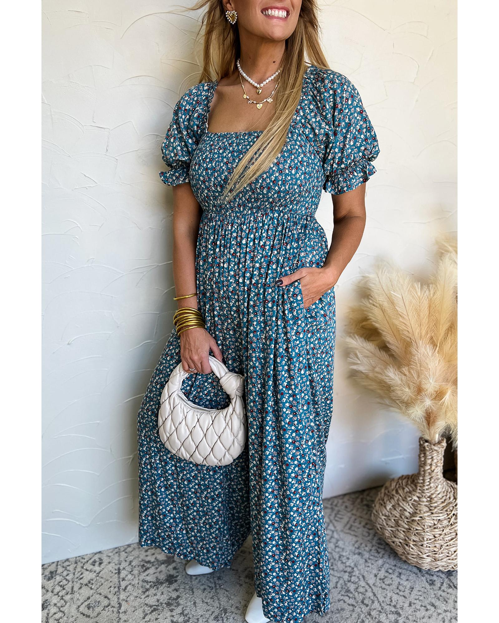 V539-AZEXDC6414022-P520-M-202508310015-00 Blue Vintage Boho Floral Smocked Short Puff Sleeve Wide Leg Jumpsuit - M - Image 1