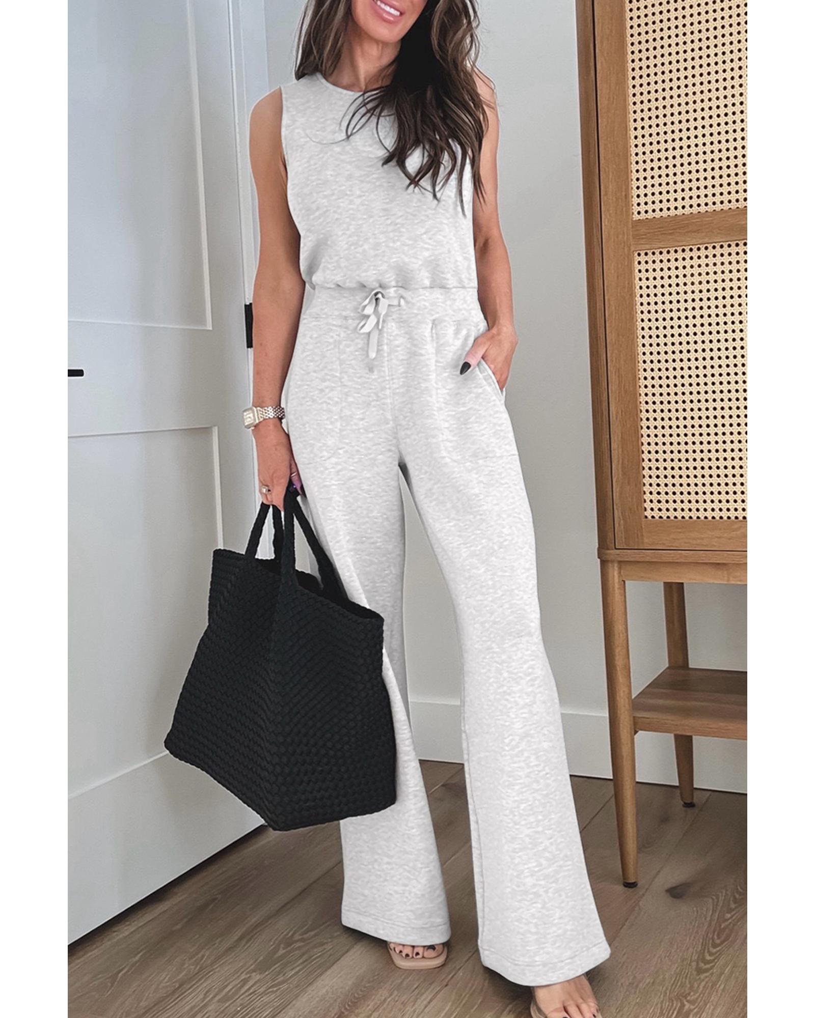 V539-AZEXDC6414041-P1011-S-202508301505-00 Light Grey Solid Color Crew Neck Drawstring High Waist Sleeveless Jumpsuit - S - Image 1