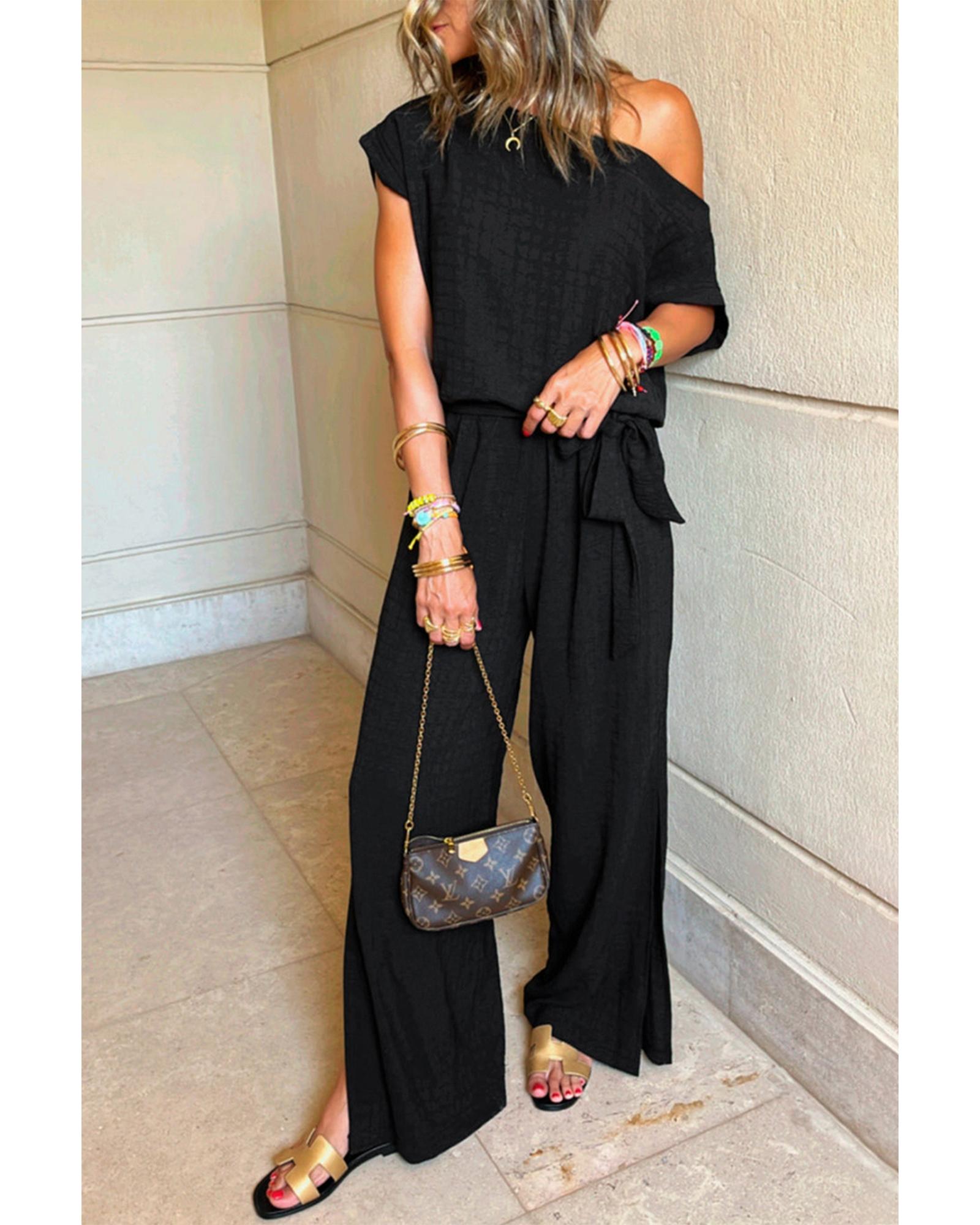 V539-AZEXDC6414048-P2-XL-202508302105-00 Black Checkered Mesh One Shoulder Short Sleeve Knotted Waist Jumpsuit - XL - Image 1