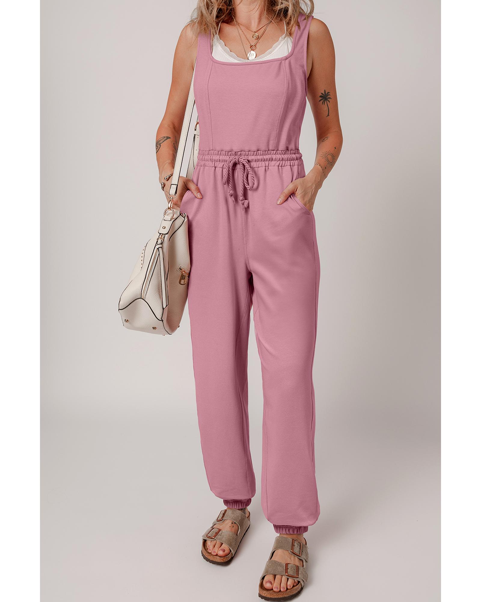 V539-AZEXDC6414084-P1010-M-202508302230-00 Light Pink Lace-up Elastic Waist Sleeveless Square Neck Jumpsuit - M - Image 1