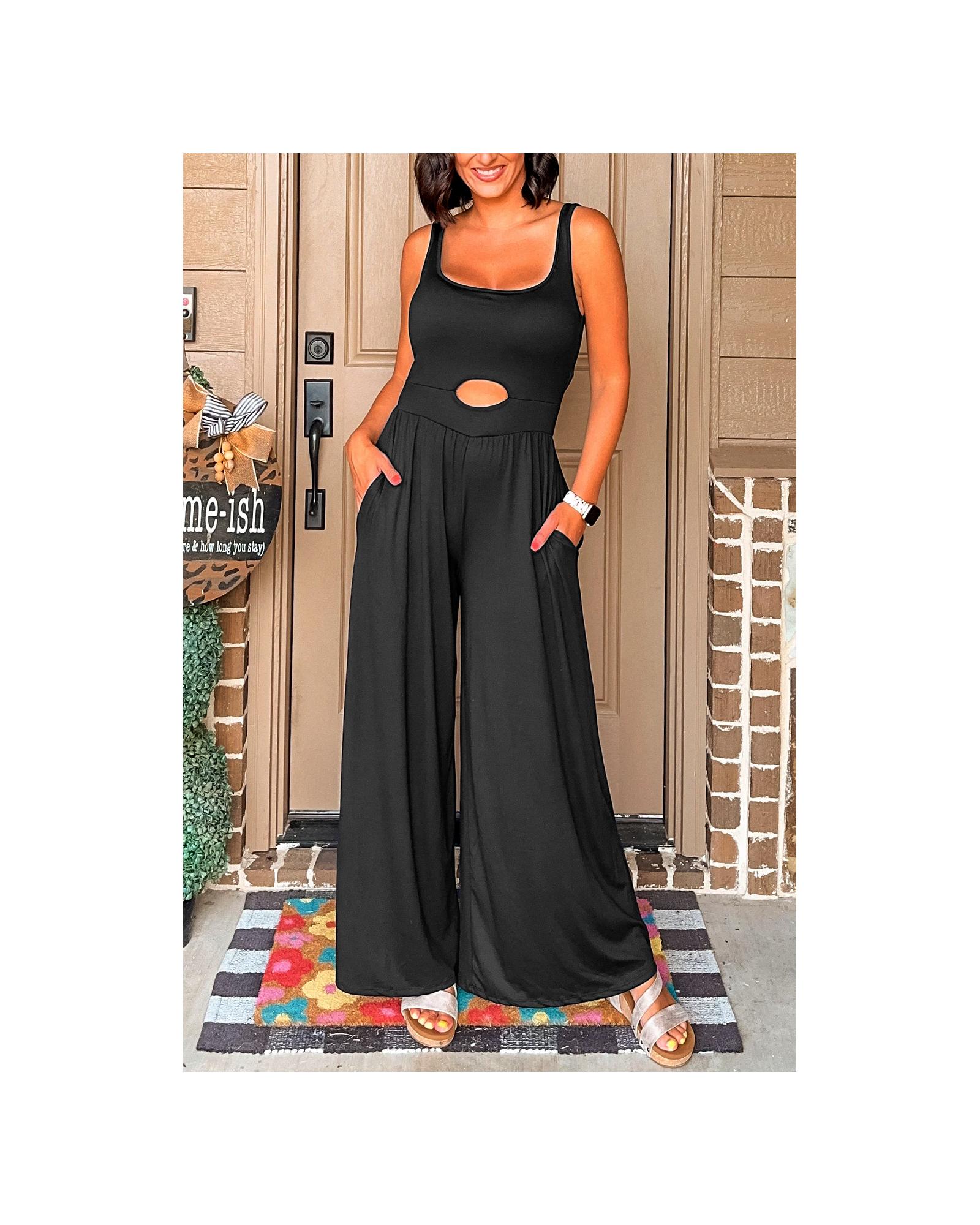 V539-AZEXDC6414104-P2-M-202508290020-00 Black Peekaboo Wide Leg Square Neck Sleeveless Jumpsuit - M - Image 1