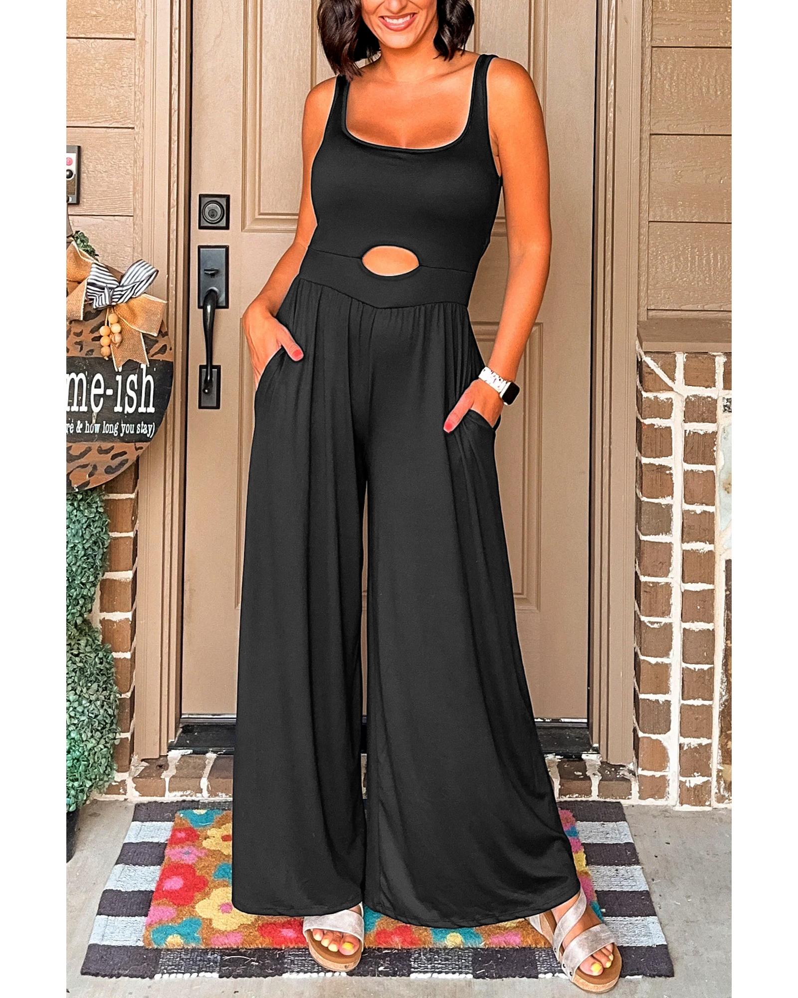 V539-AZEXDC6414104-P2-XL-202508291555-00 Black Peekaboo Wide Leg Square Neck Sleeveless Jumpsuit - XL - Image 1