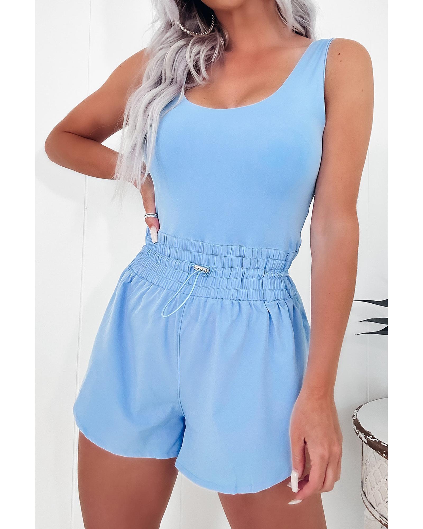 V539-AZEXDC6414105-P1204-L-202508291805-00 Myosotis Plain Sleeveless Loop Drawstring Cinched Waist Romper - L - Image 1