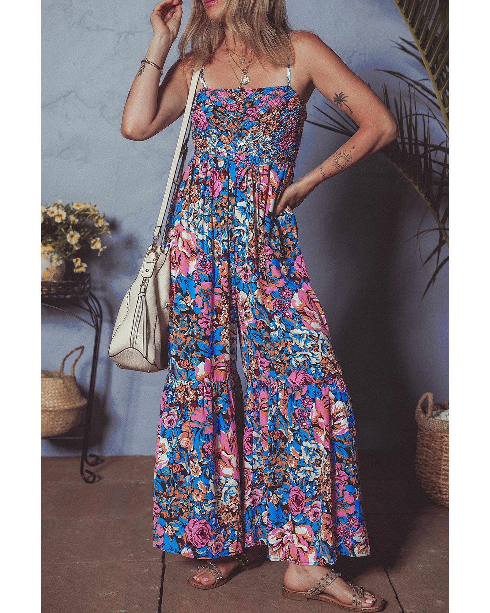 V539-AZEXDC6414112-P1020-M-202508290155-00 Pink Floral Smocked Bust Spaghetti Straps Wide Leg Jumpsuit - M - Image 1