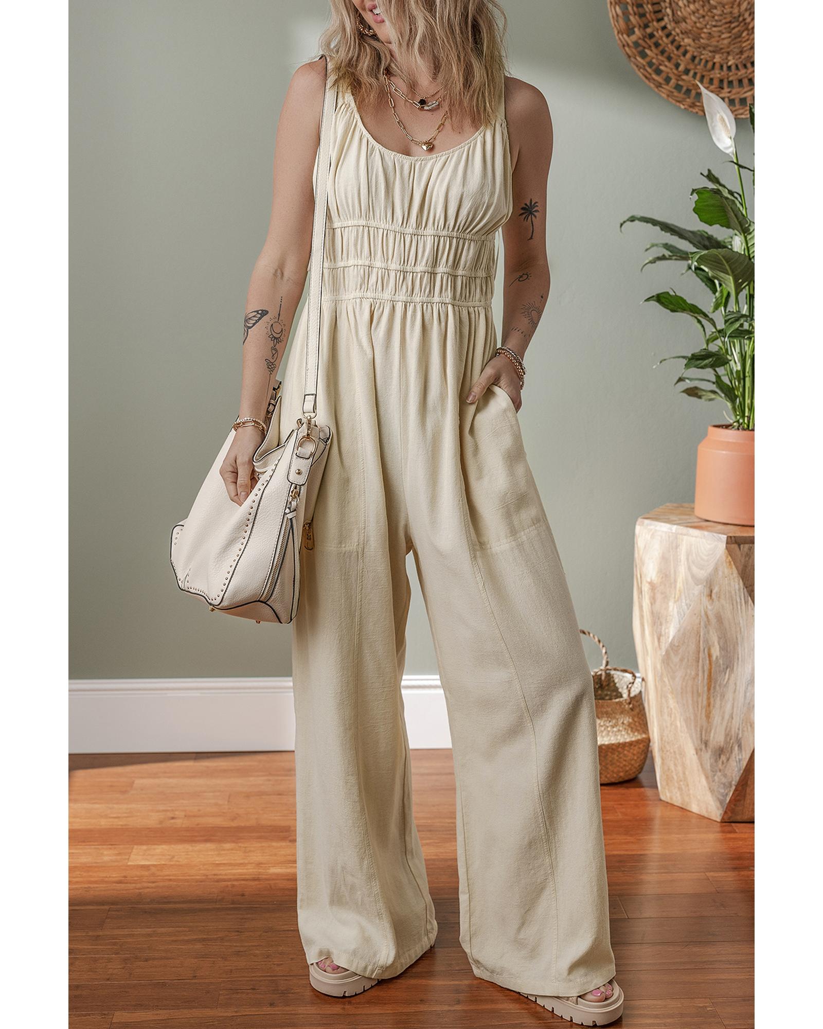 V539-AZEXDC6414128-P15-L-202508280750-00 Beige Ruched High Waist Sleeveless Wide Leg Jumpsuit - L - Image 1