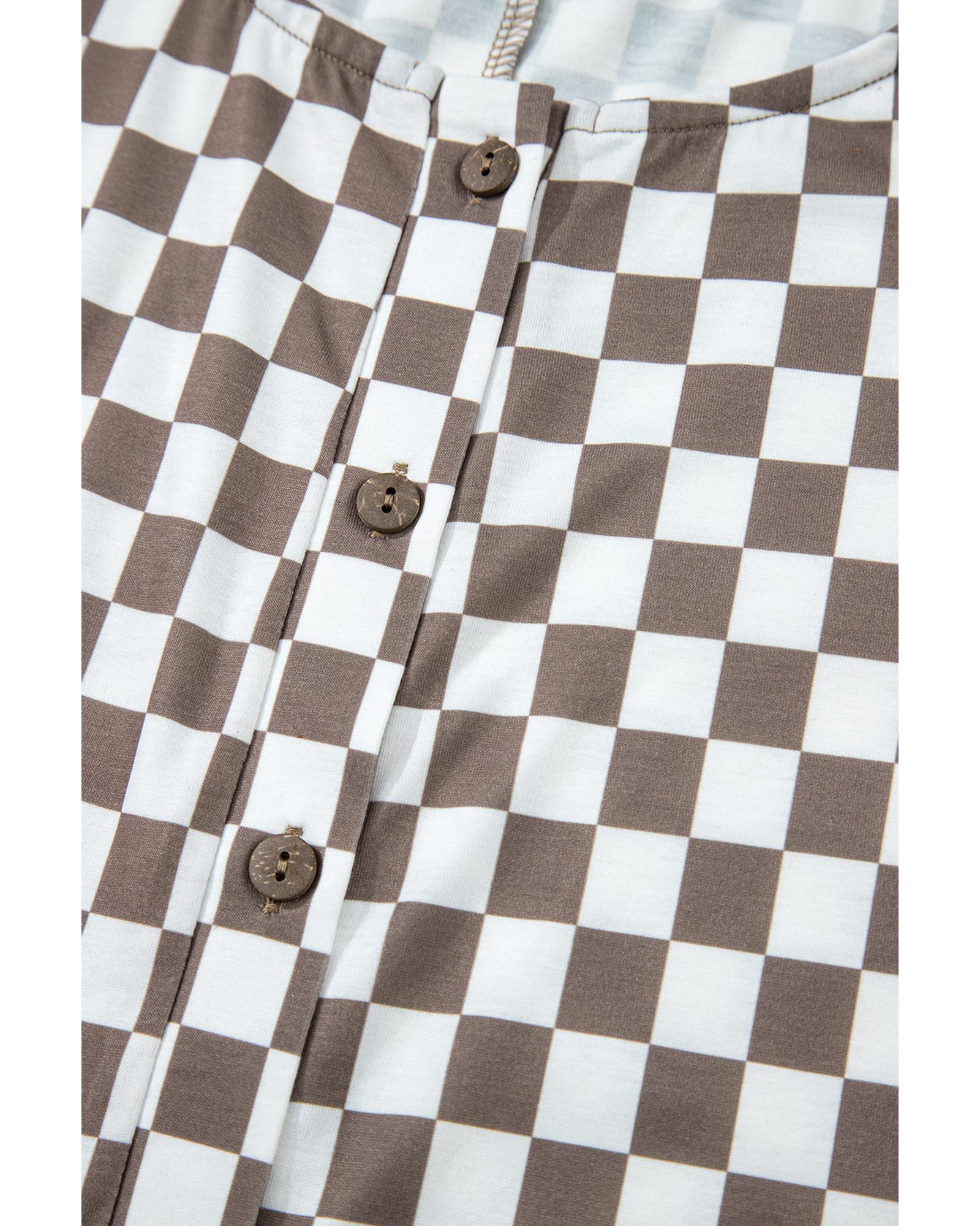 V539-AZEXDC6414134-P1620-L-202508281920-00 Khaki Checkered Print Buttoned Crew Neck Wide Leg Jumpsuit - L - Image 1