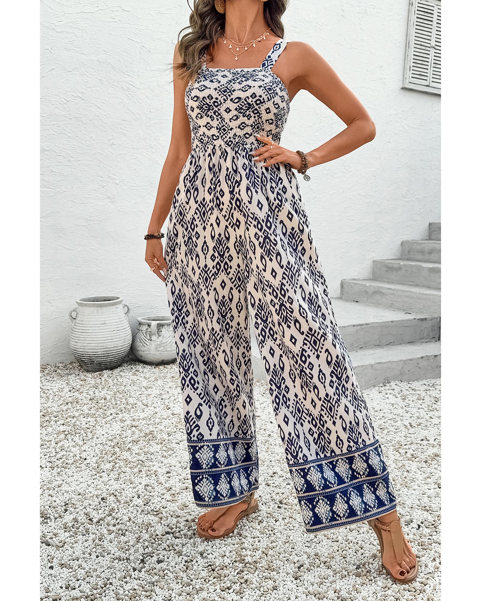 V539-AZEXDC6414156-P520-XL-202508281625-00 Blue Boho Geometric Print Shirred High Waist Wide Leg Jumpsuit - XL - Image 1
