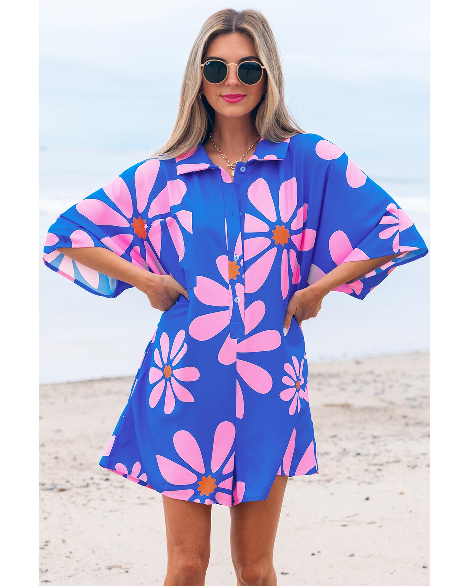V539-AZEXDC6414282-P520-XL-202508280106-00 Blue Summer Flower Print Shirt Collar Button Front Loose Romper - XL - Image 1