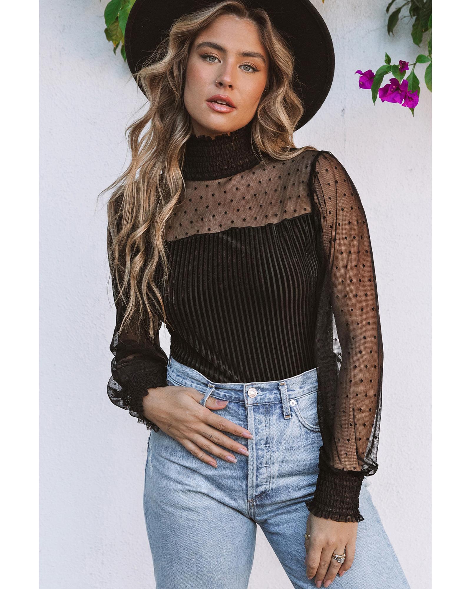 V539-AZEXDC6421176-2-M-202508280900-00 Black Sheer Dotty Long Sleeve Ribbed Velvet Bodysuit - M - Image 1