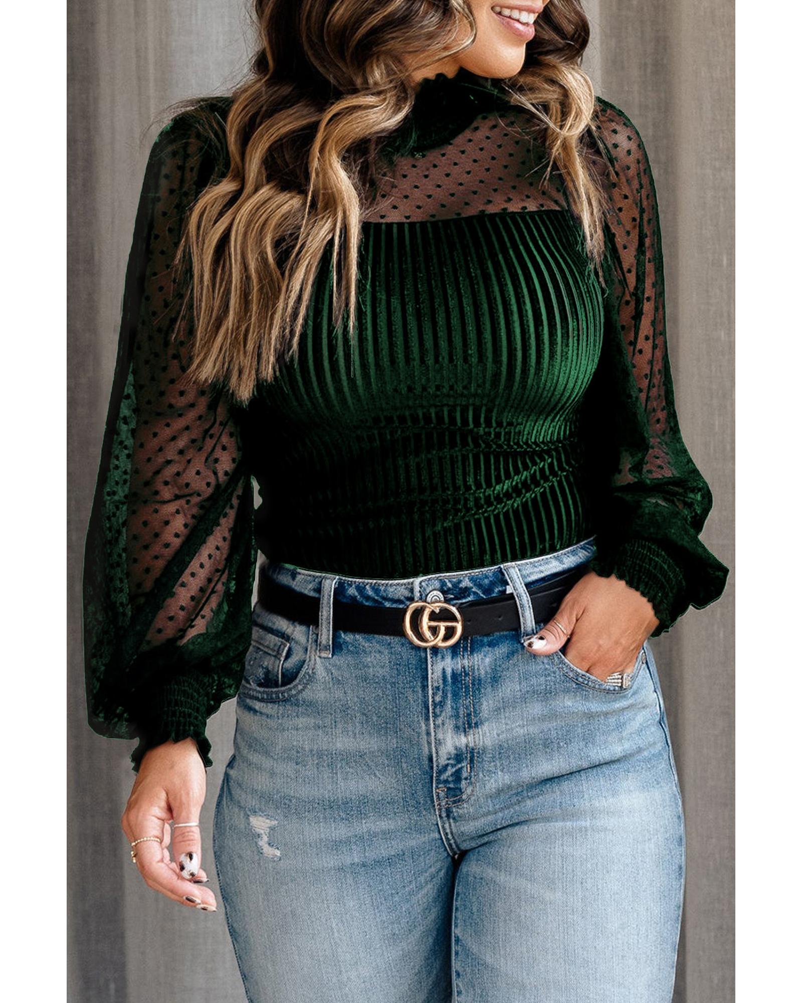 V539-AZEXDC6421176-9-M-202508282100-00 Azura Exchange Green Sheer Dotty Long Sleeve Ribbed Velvet Bodysuit - M - Image 1