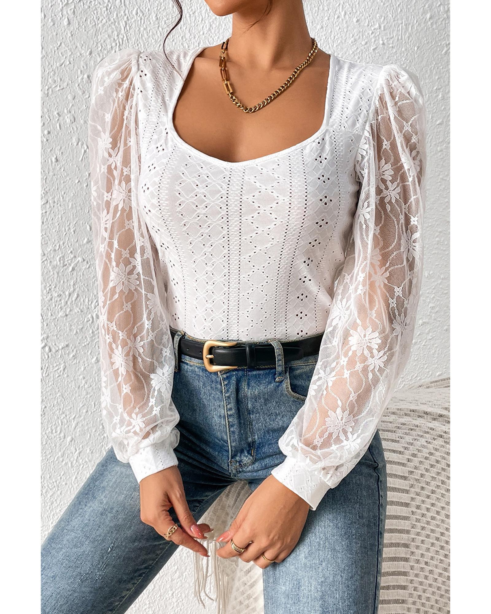 V539-AZEXDC6421585-1-M-202506150526-00 White Frenchy Contrast Lace Bishop Sleeve Bodysuit - M - Image 1