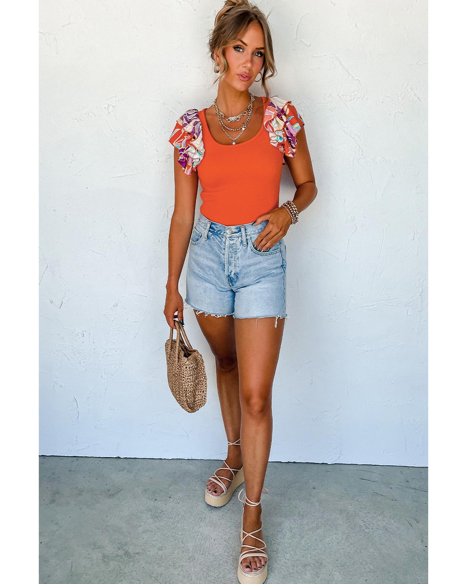 V539-AZEXDC6421664-P14-M-202508291825-00 Orange Ribbed Knit Tiered Ruffled Sleeve Bodysuit - M - Image 1