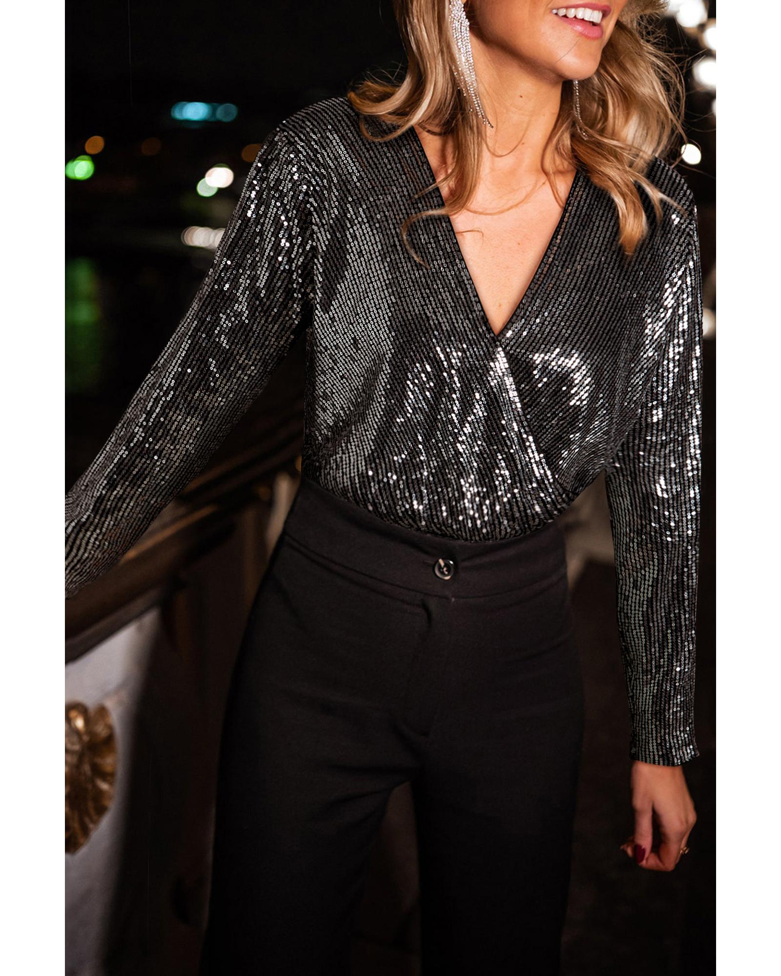 V539-AZEXDC6421775-P2-M-202508281115-00 Black Sequin Mesh Long Sleeve Surplice Neck Bodysuit - M - Image 1
