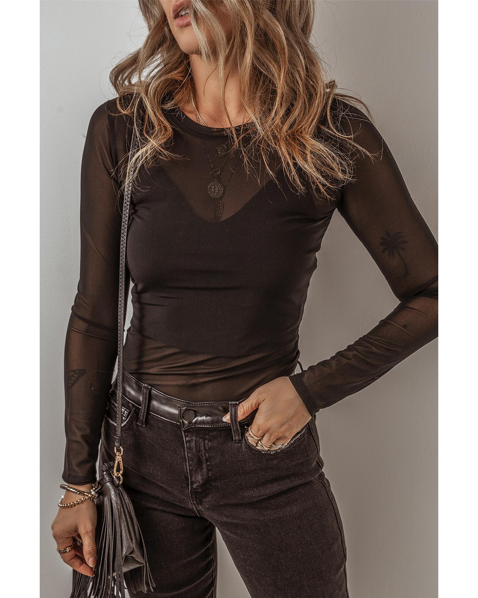 V539-AZEXDC6421782-P2-M-202508301420-00 Black Mesh Long Sleeve Slim Fit Bodysuit - M - Image 1