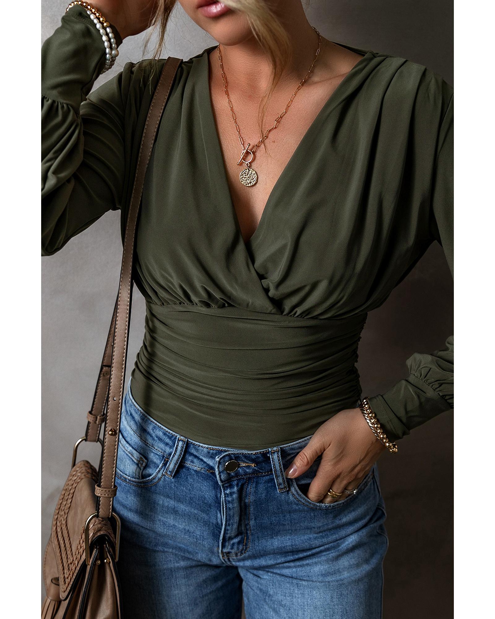 V539-AZEXDC6421784-P1609-L-202508301655-00 Moss Green Ruched Wrap V Neck Long Sleeve Bodysuit - L - Image 1