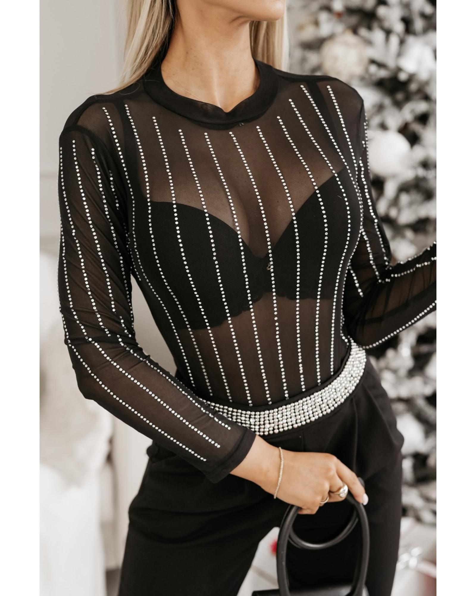 V539-AZEXDC6421806-P2-S-202506150620-00 Black Rhinestone Decor Striped Mesh Long Sleeve Bodysuit - S - Image 1