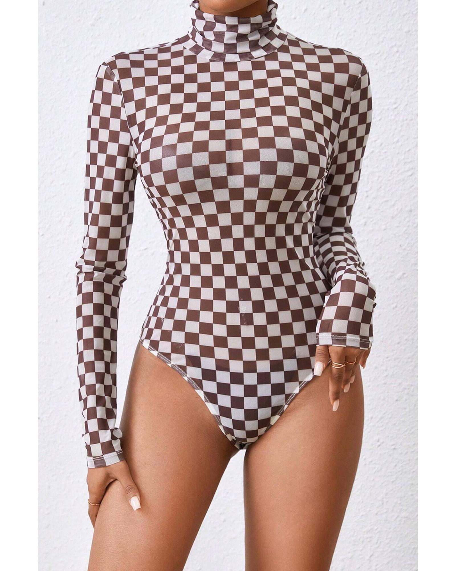 V539-AZEXDC6421813-P1720-L-202508301315-00 Brown Checkered Printed Long Sleeve High Neck Bodysuit - L - Image 1