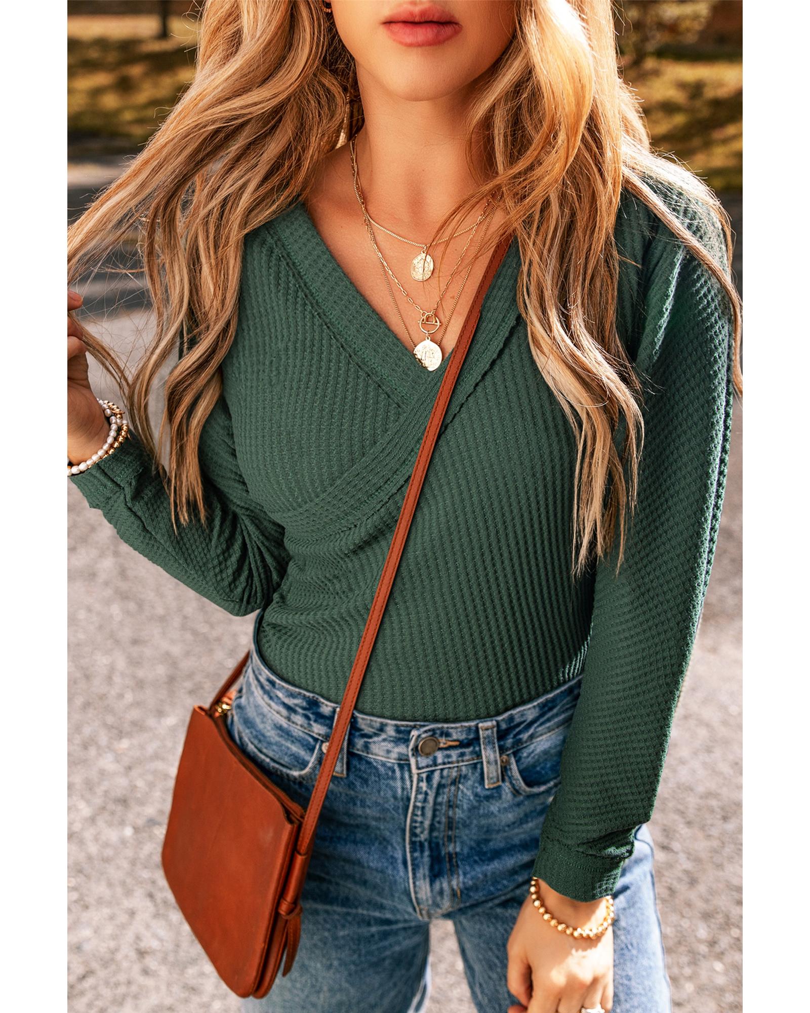 V539-AZEXDC6421829-P309-S-202506150632-00 Blackish Green Waffle Knit Slim Fit Wrap V Neck Bodysuit - S - Image 1