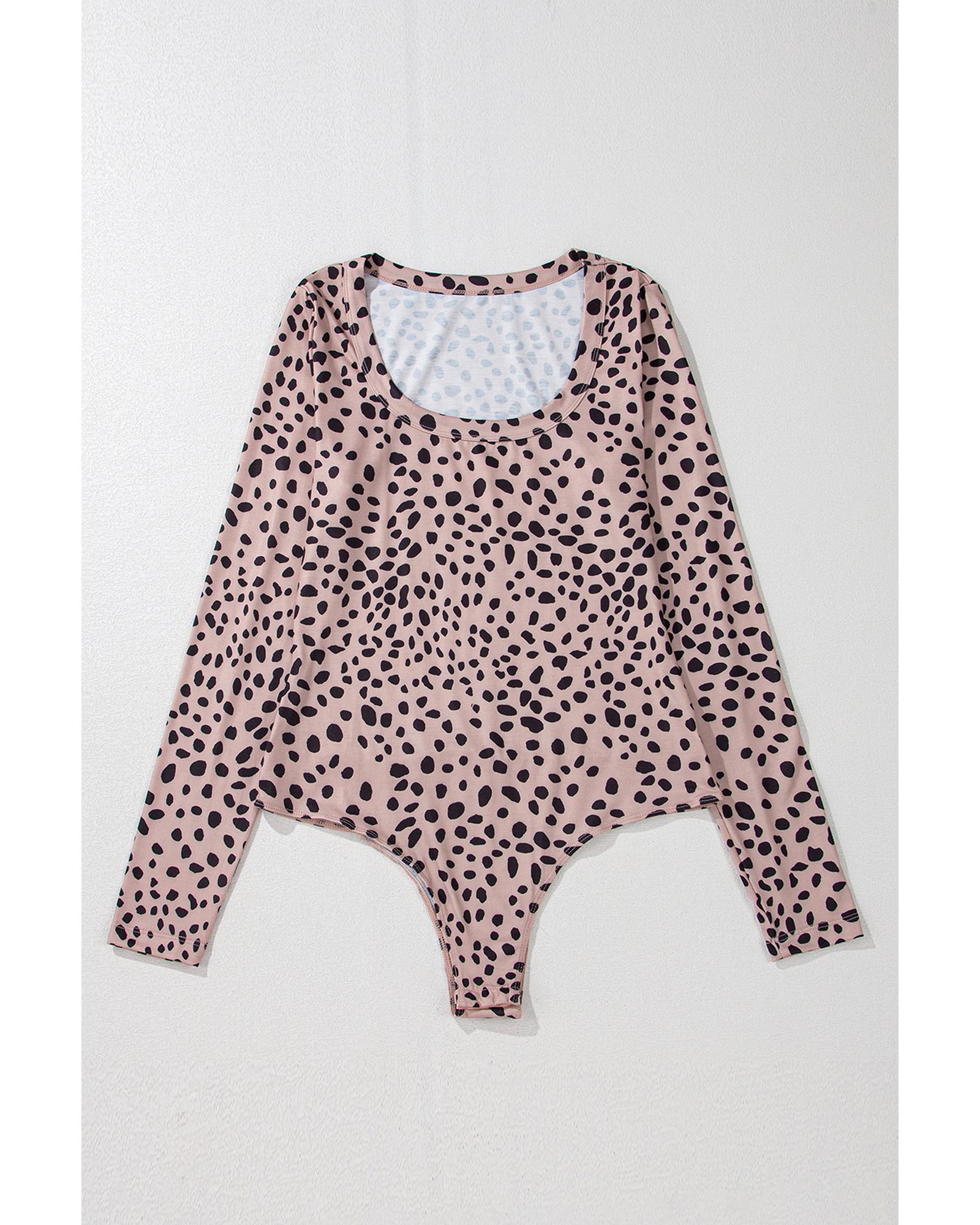 V539-AZEXDC6421845-P7016-XL-202508301215-00 Smoke Gray Leopard Print Long Sleeve Scoop Neck Slim Fit Bodysuit - XL - Image 1