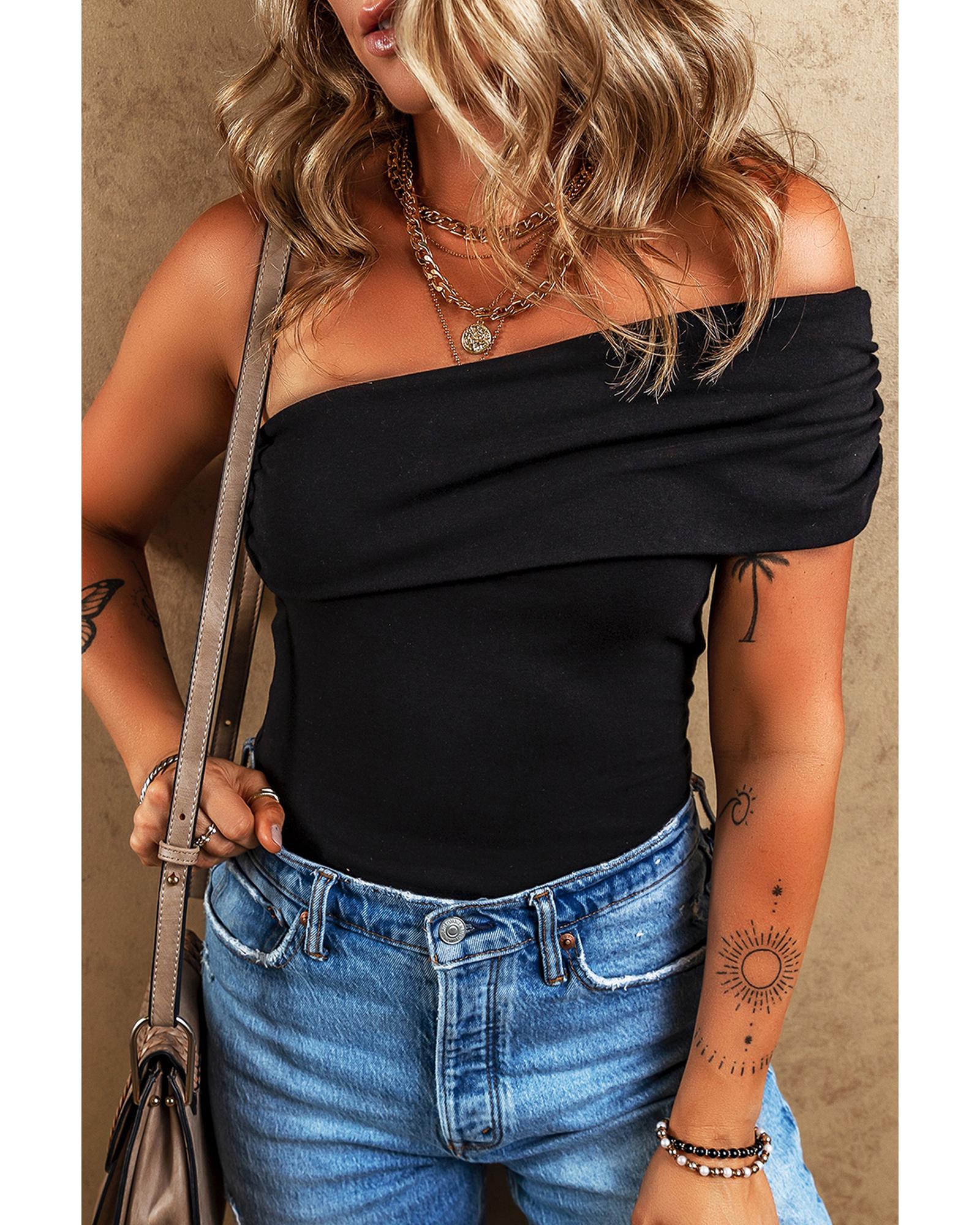 V539-AZEXDC6421919-P2-L-202508301250-00 Black Solid Color Pleated One Shoulder Bodysuit - L - Image 1