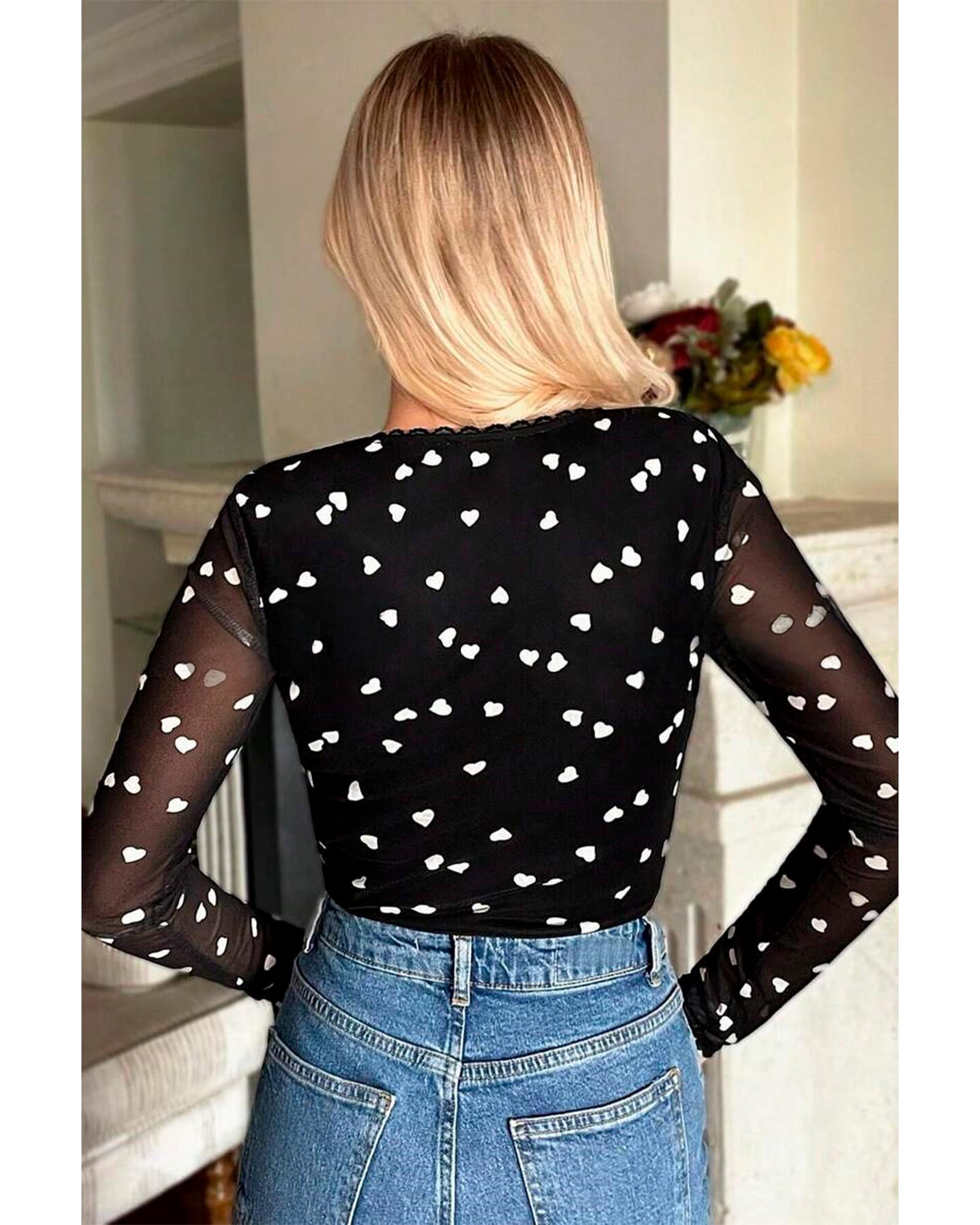 V539-AZEXDC6421947-P2-S-202506150322-00 Black Heart Shape Mesh Patchwork Square Neck Bodysuit - S - Image 1