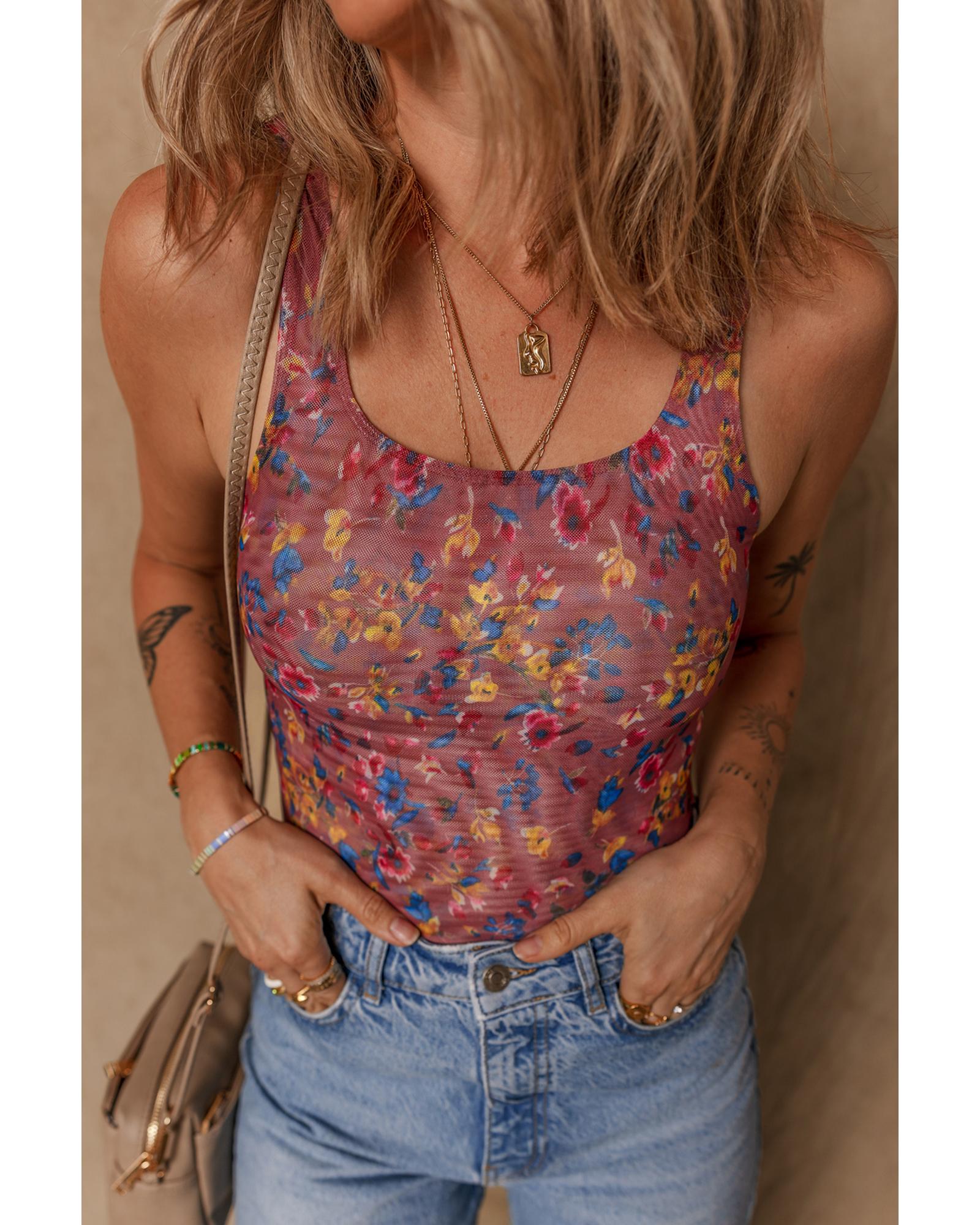 V539-AZEXDC6421977-P820-L-202508301525-00 Purple Floral Printed Mesh U Neck Sleeveless Bodysuit - L - Image 1