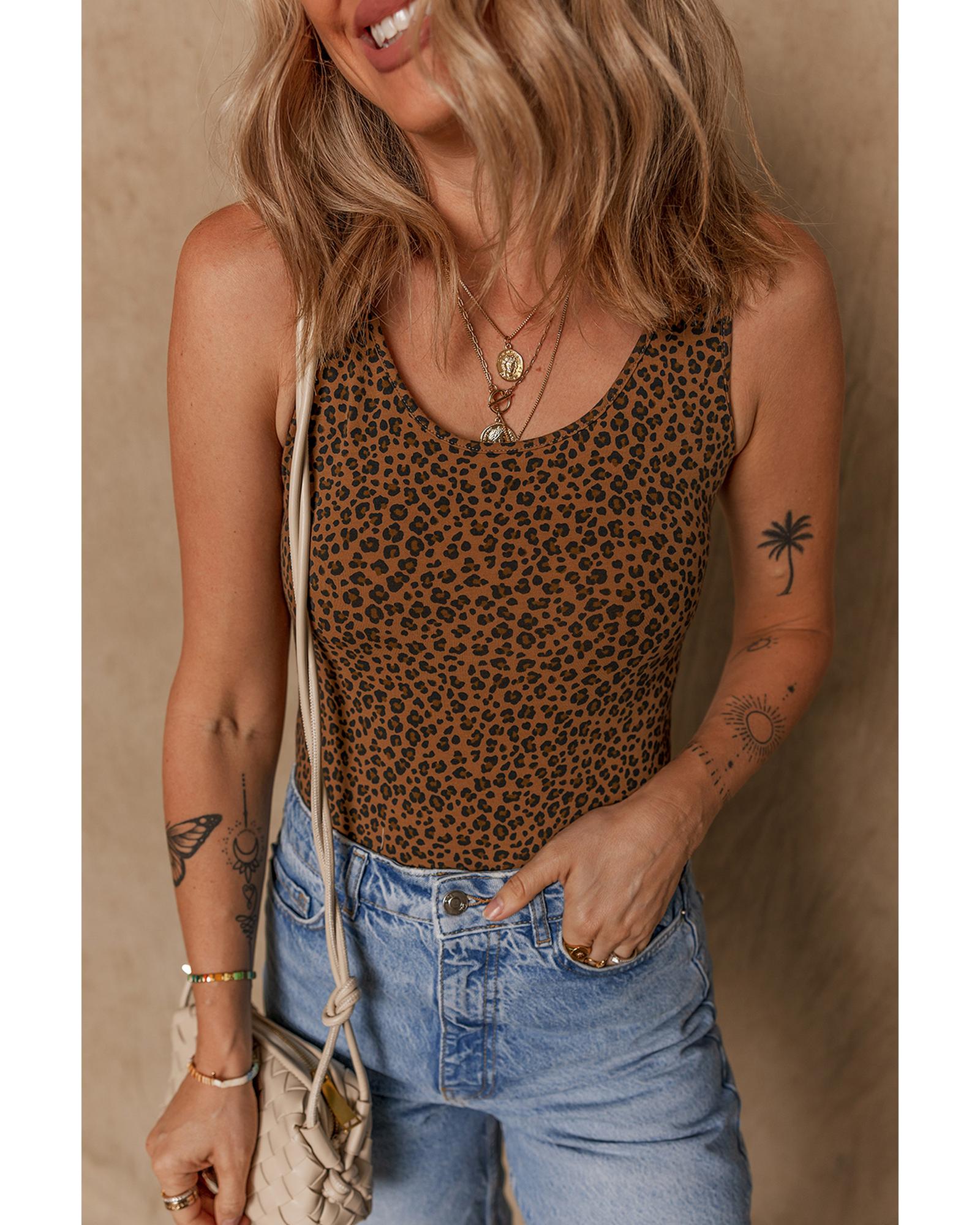 V539-AZEXDC6421980-P1720-XL-202508300850-00 Brown Leopard Printed Sleeveless Scoop Neck Bodysuit - XL - Image 1