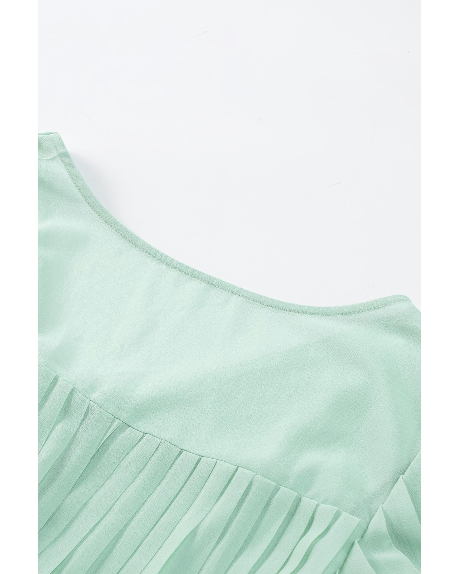 V539-AZEXDC643761-9-M-202508301340-00 Green Pleated Ruffled Tie Waist Buttons V Neck Romper - M - Image 1