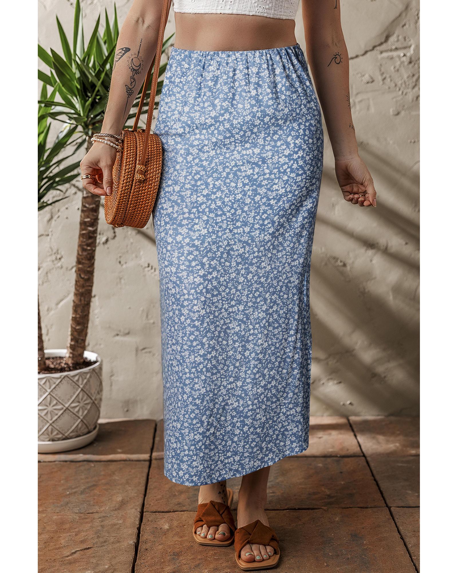 V539-AZEXDC7211073-P420-M-202508301820-00 Sky Blue Boho Floral High Waist Long Skirt with Side Split - M - Image 1