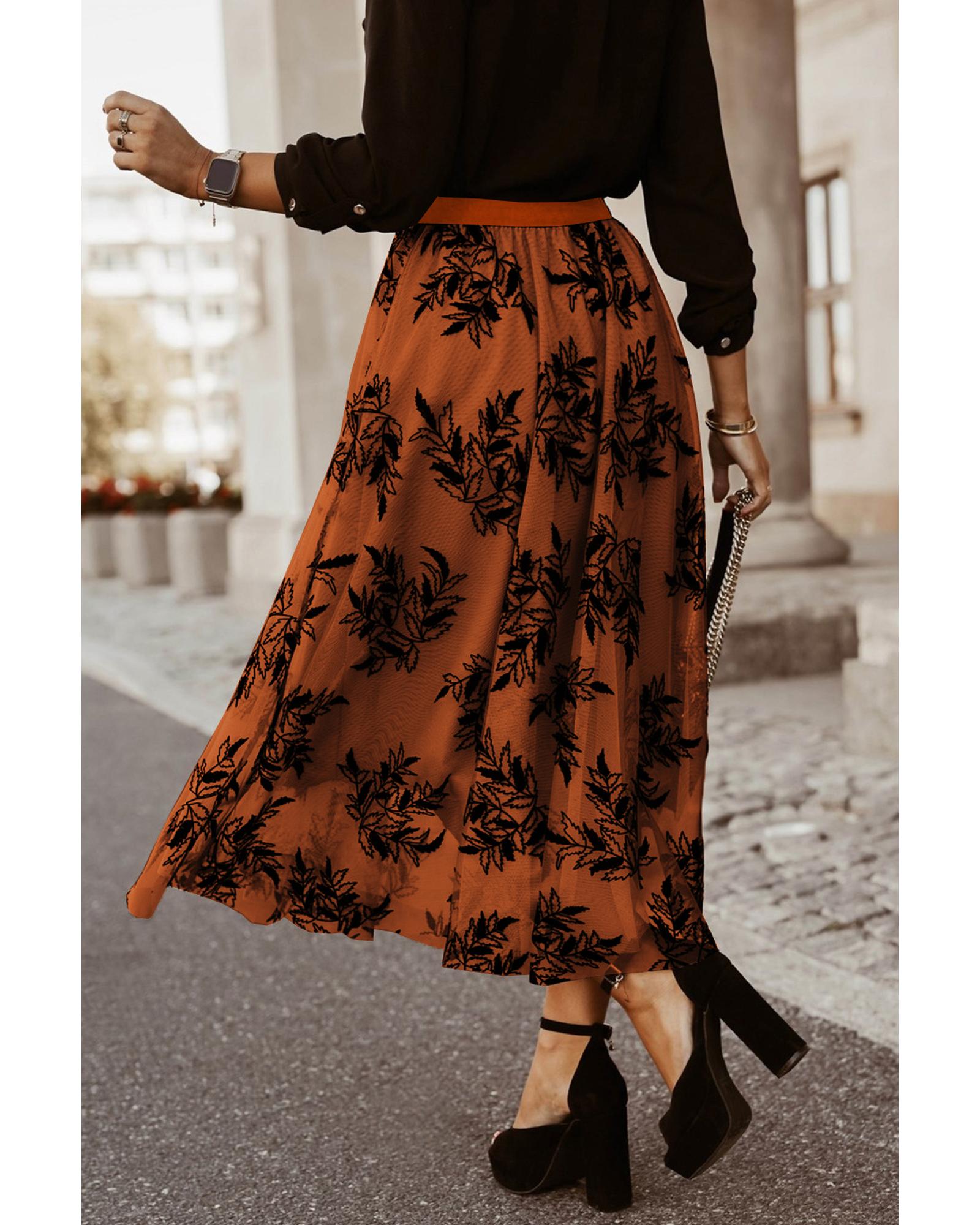 Gold Flame Floral Leaves Embroidered High Waist Maxi Skirt - M