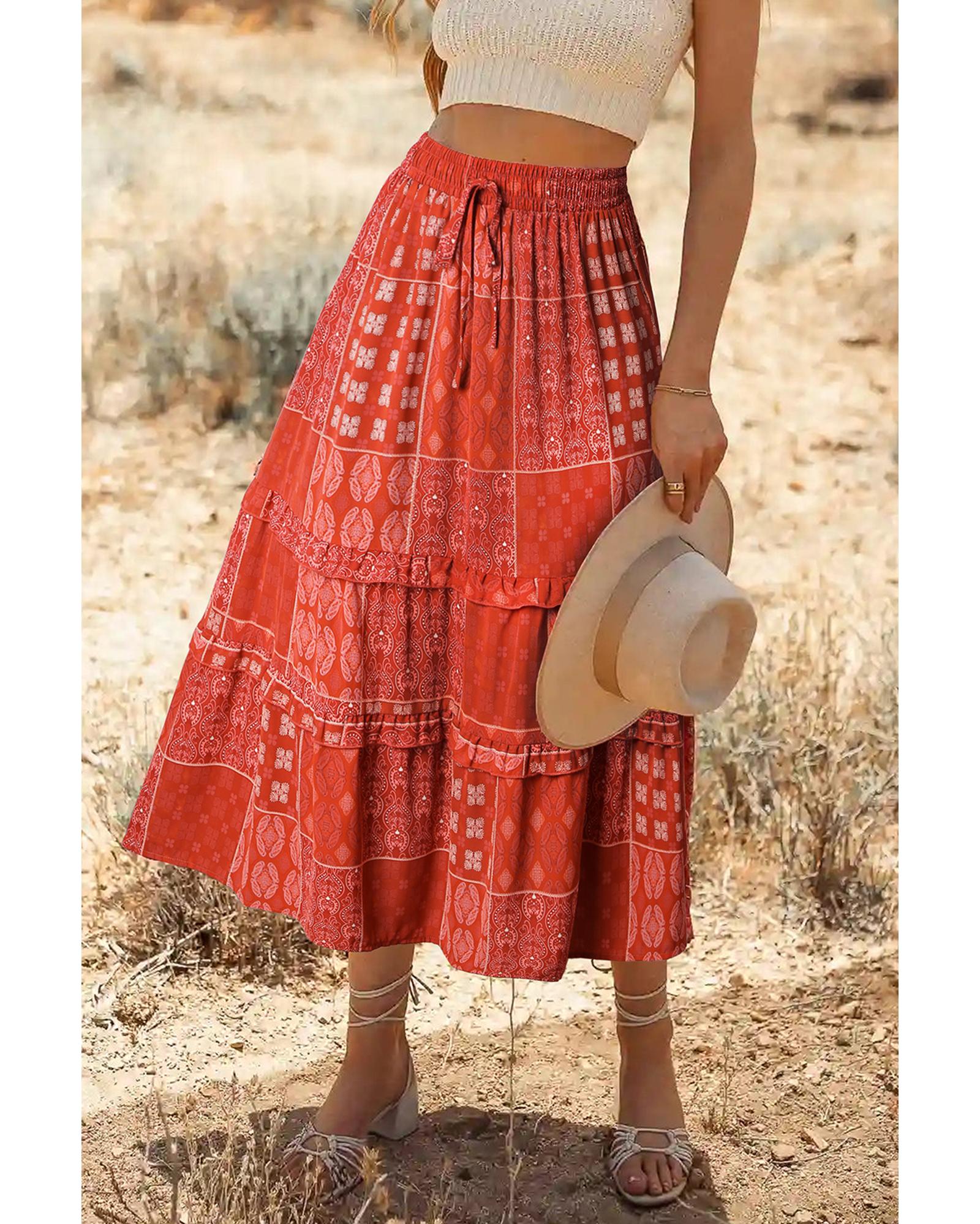 V539-AZEXDC721518-3-M-202508282335-00 Red Bohemian Mix Print Long Flared Skirt - M - Image 1
