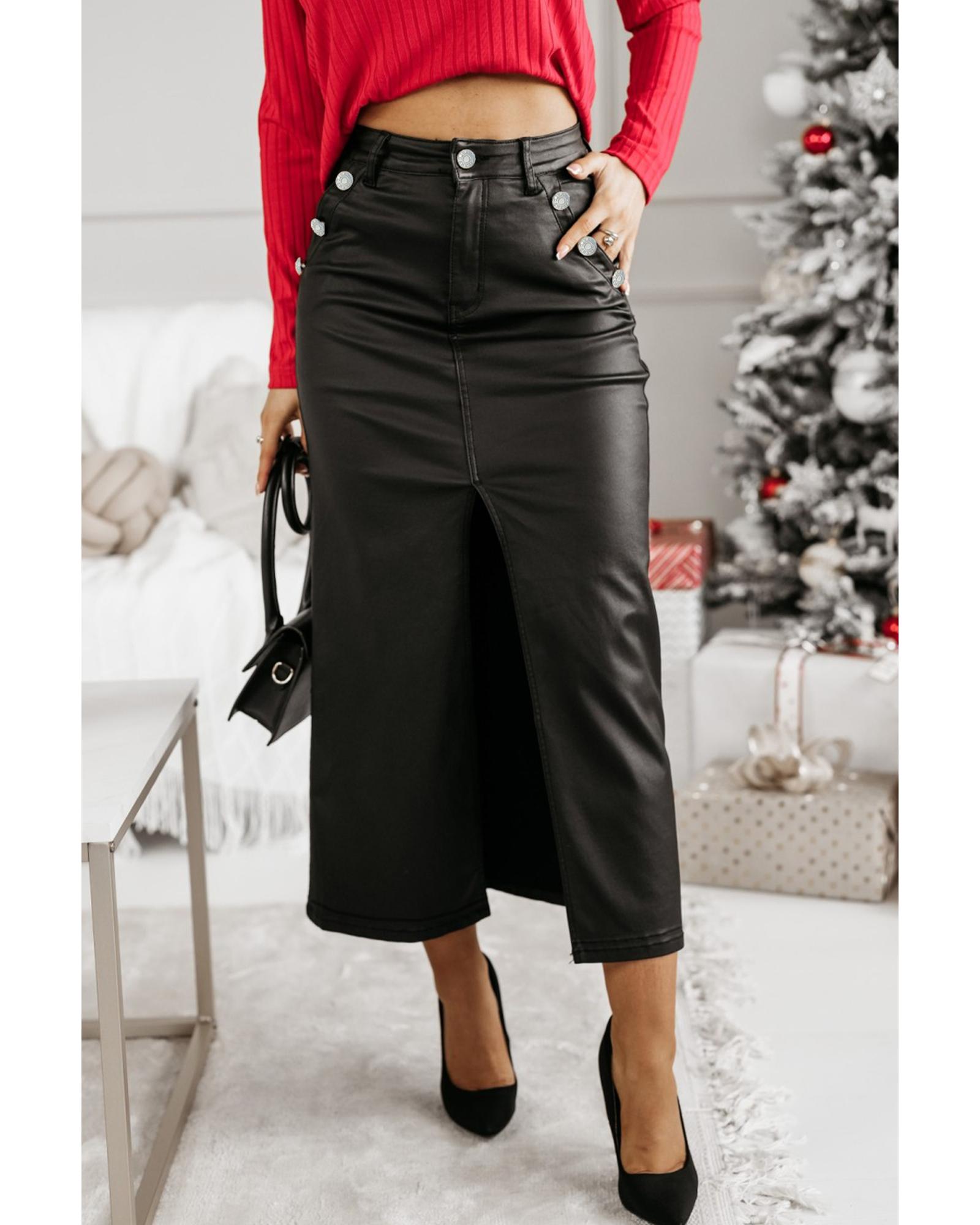 V539-AZEXDC721821-P2-S-202508290250-00 Black Split Front High Waist Slim Fit Midi Skirt - S - Image 1