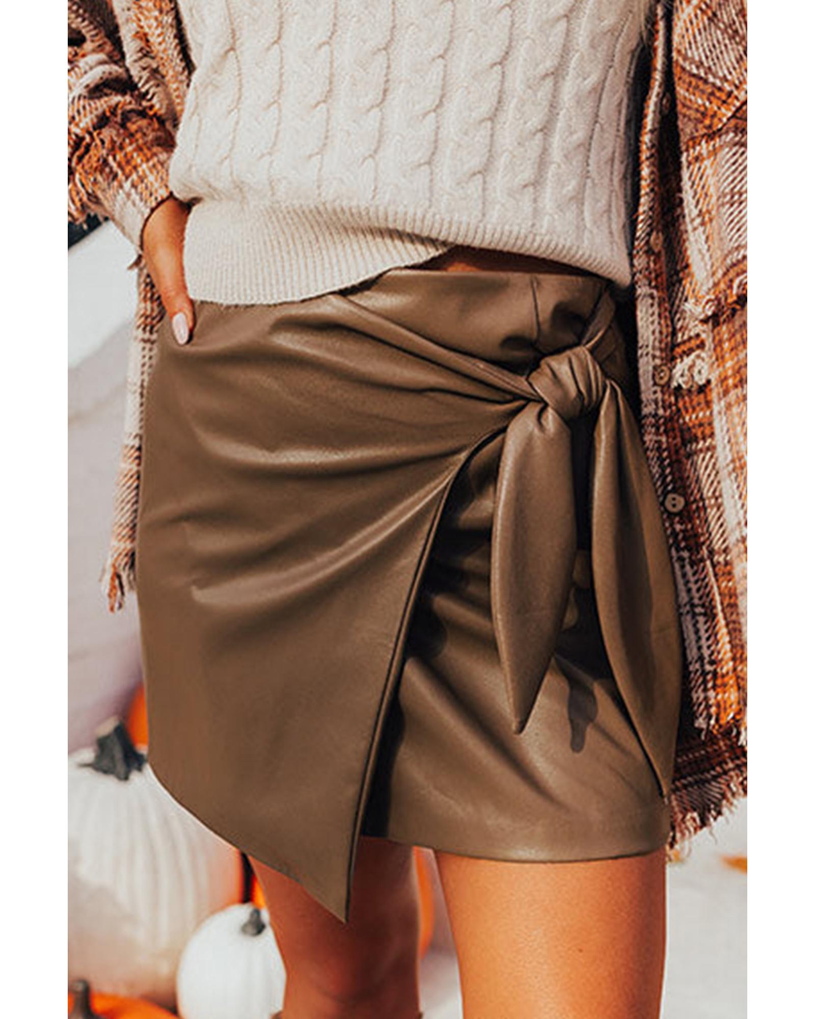 V539-AZEXDC721843-P1017-S-202506150432-00 Coffee Bowknot Faux Leather Mini Skirt - S - Image 1