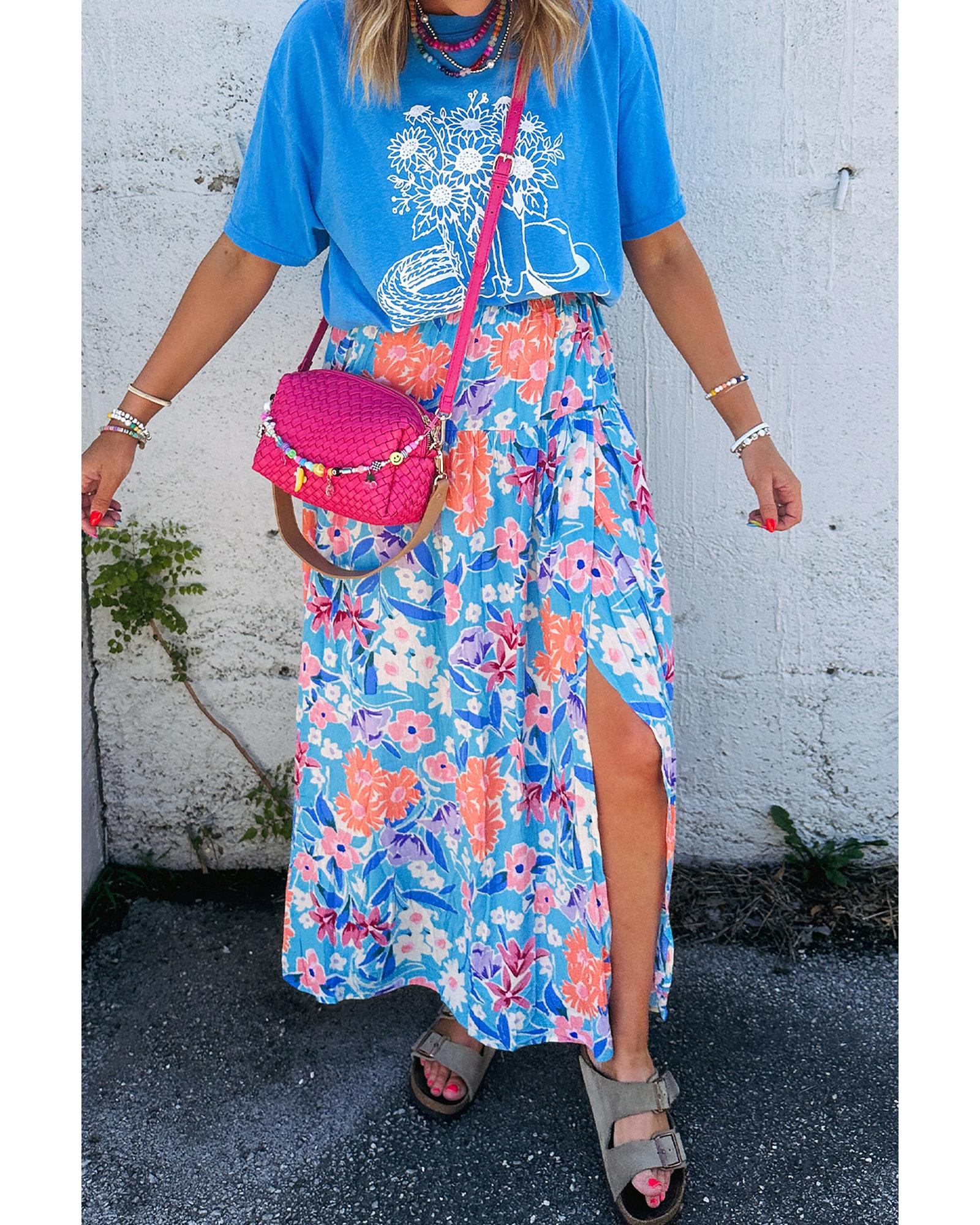V539-AZEXDC721942-P420-L-202508281305-00 Sky Blue Floral Printed High Waist Split Wrap Long Skirt - L - Image 1