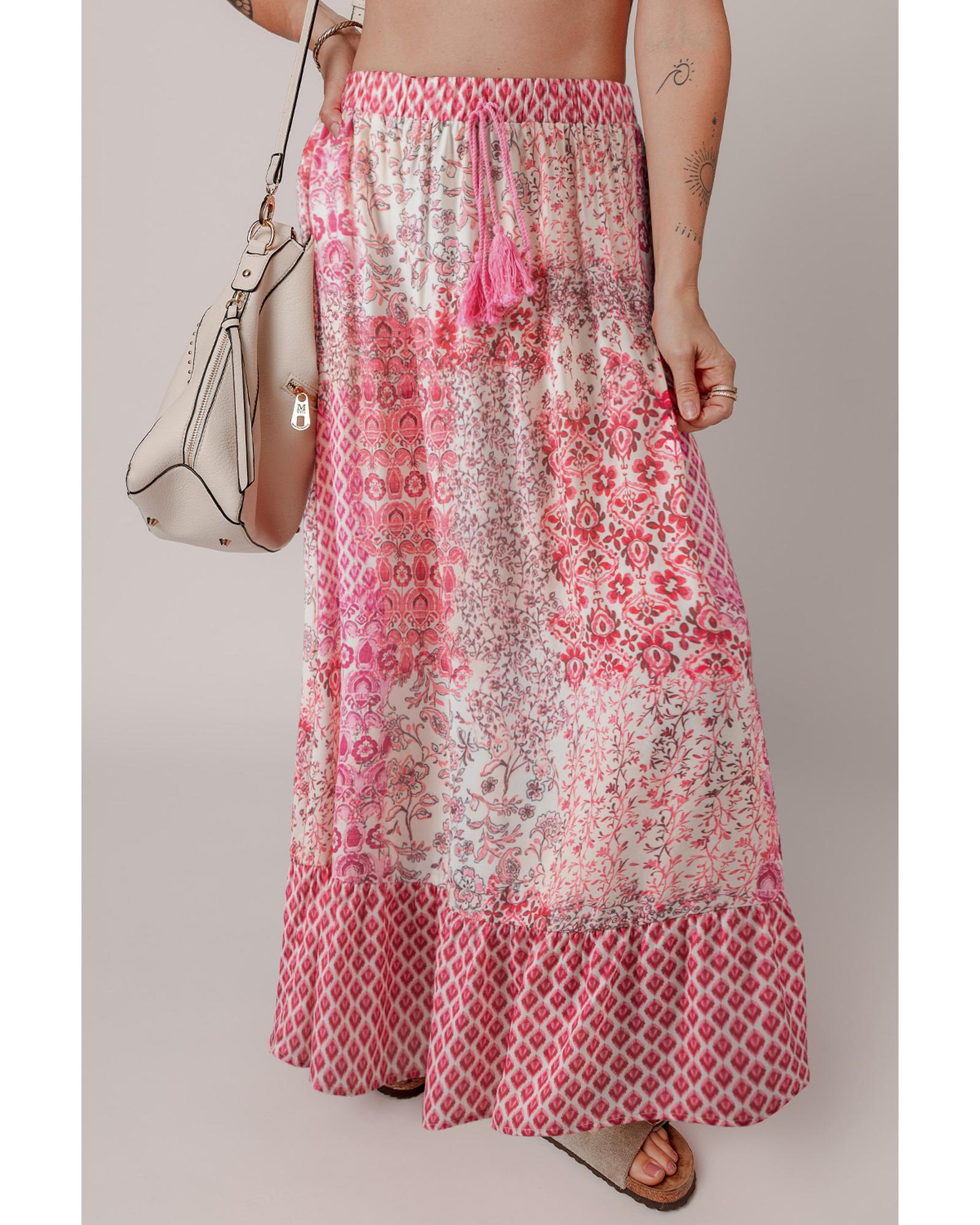 V539-AZEXDC721953-P10320-L-202508290115-00 Red Boho Pattern Print Tassel Drawstring High Waist Maxi Dress - L - Image 1