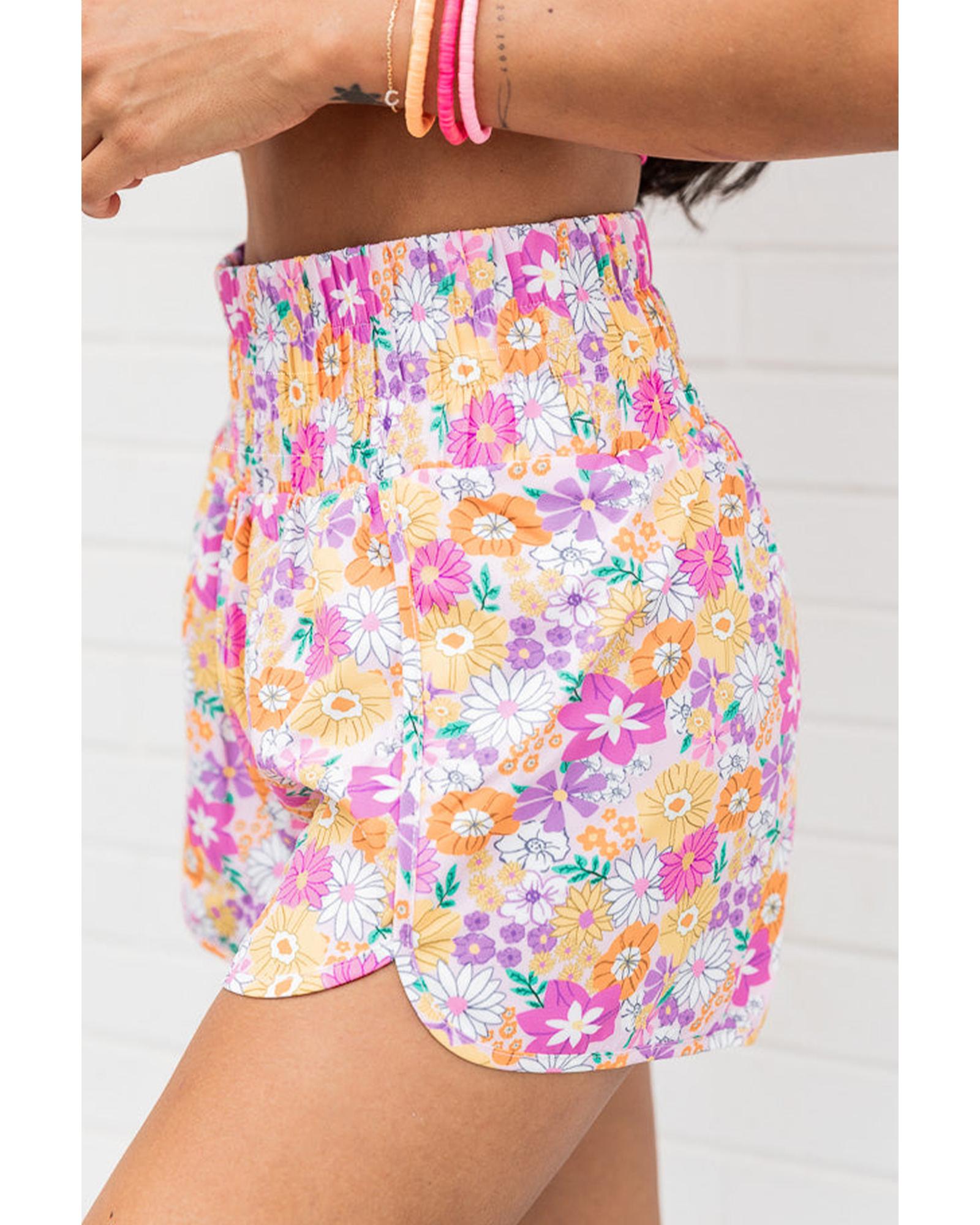 V539-AZEXDC731571-P1020-M-202508291645-00 Pink Boho Floral Shirred High Waist Casual Shorts - M - Image 1