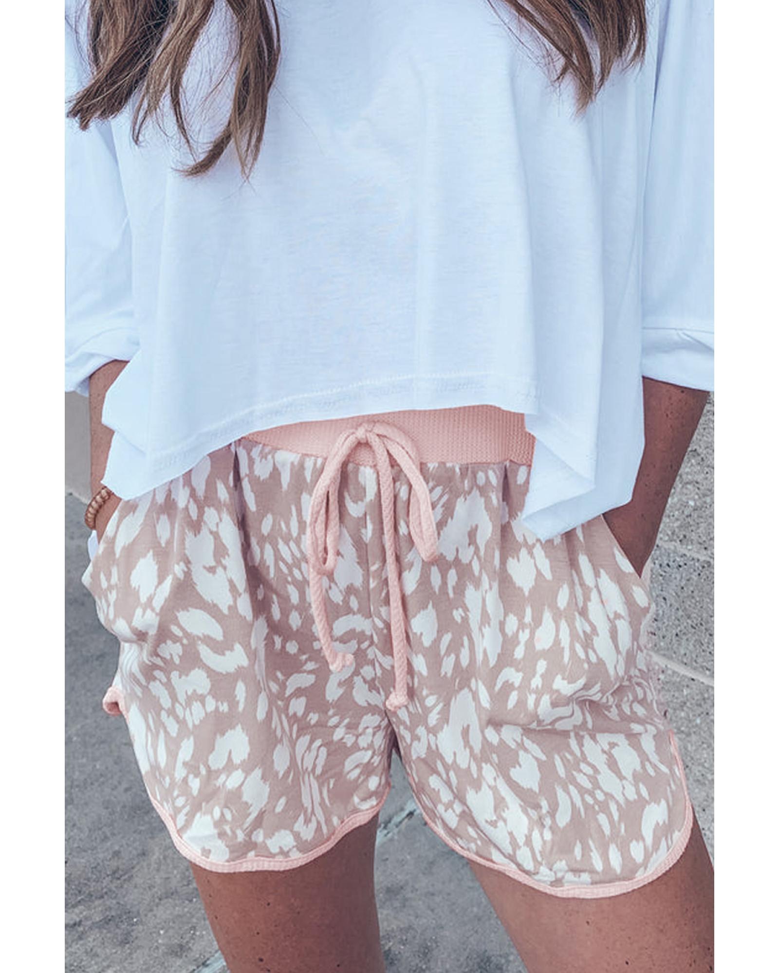 V539-AZEXDC731742-P1620-S-202506150540-00 Khaki Classic Leopard Arched Hem Elastic Waist Casual Shorts - S - Image 1