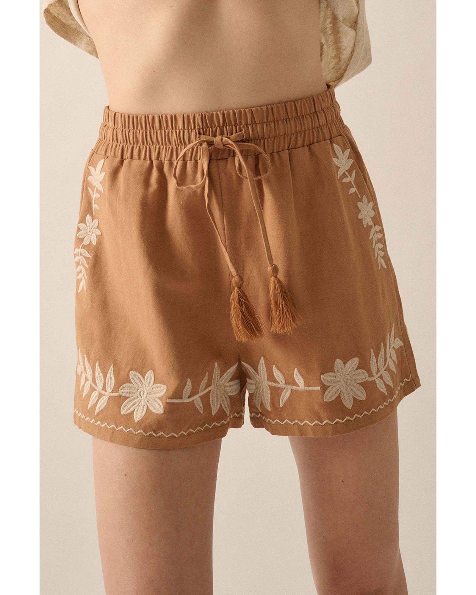 V539-AZEXDC731803-P1620-S-202506150610-00 Khaki Embroidered Boho Tasseled Drawstring Elastic Waist Casual shorts - S - Image 1