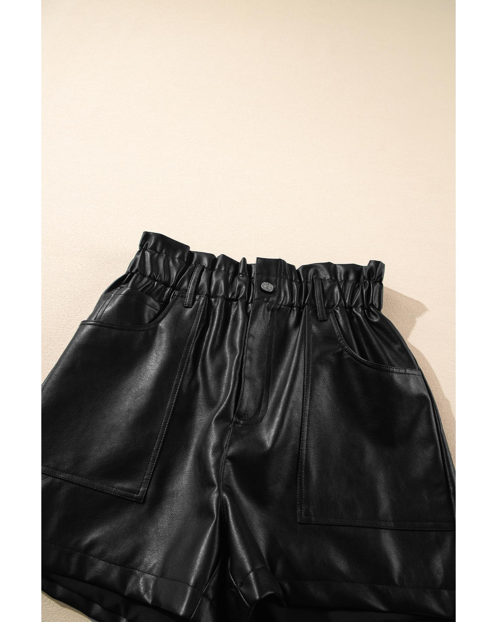 V539-AZEXDC731846-P2-L-202508300955-00 Black Faux Leather Paper Bag Waist High Rise Shorts - L - Image 1