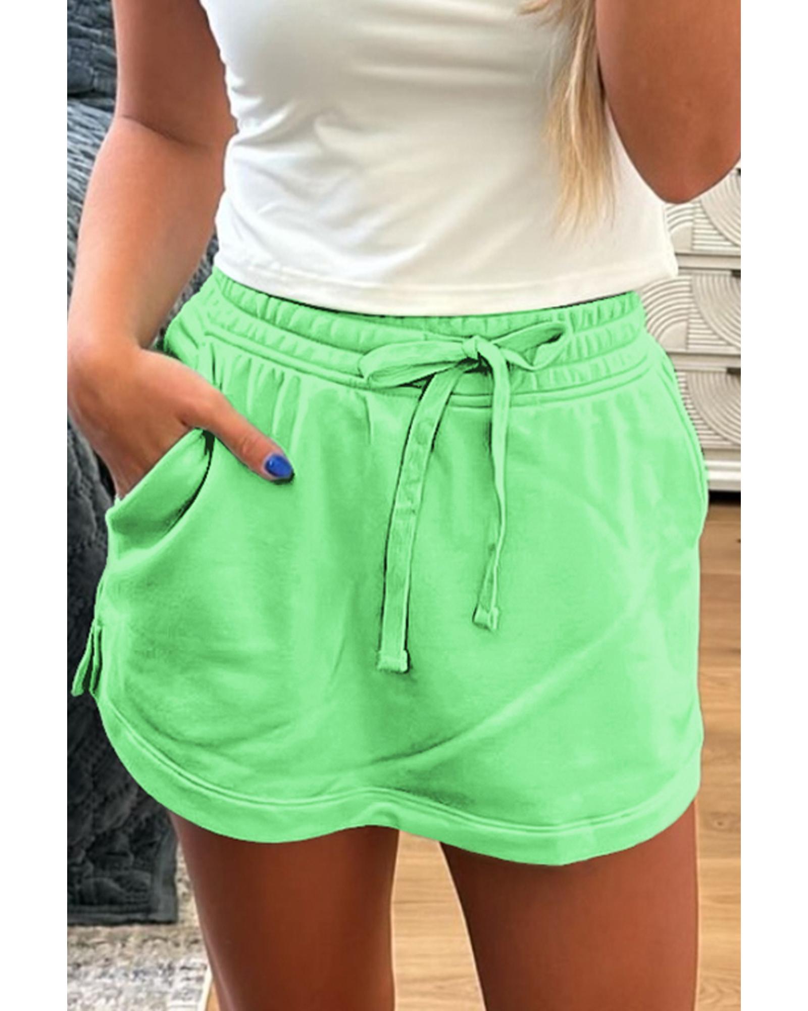 V539-AZEXDC731890-P809-S-202506150653-00 Light Green French Terry Drawstring Mini Skort with Pockets - S - Image 1